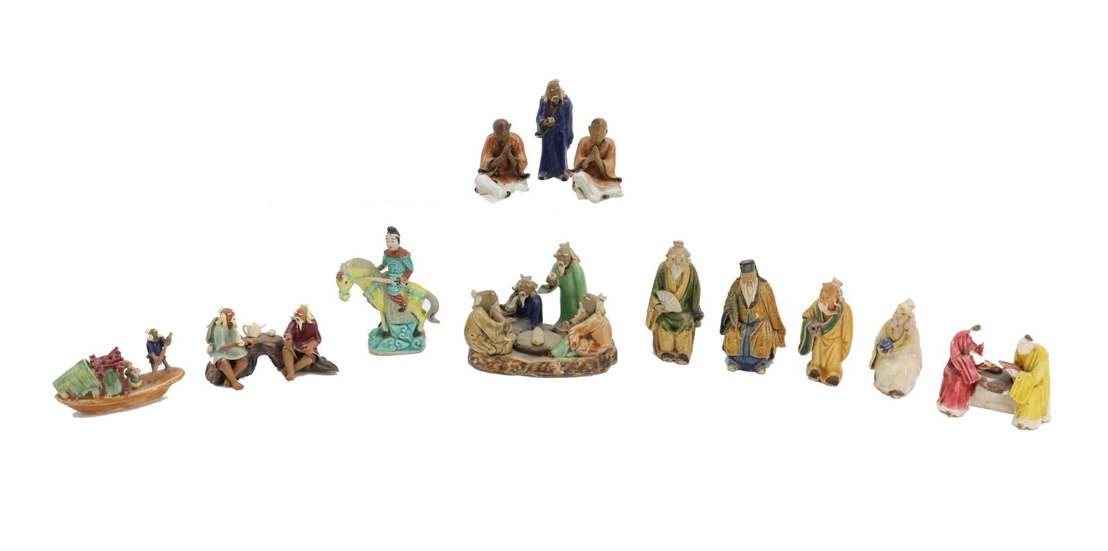 (12) Contemporary Chinese Painted Mudmen Figurines: (12) Contemporary Chinese Painted Mudmen Figurines. Lot comprised of twelve contemporary hand-painted mudmen figurines depicting scholars, monks, warriors, and fishermen. Largest Size: 4 x 3 x 3