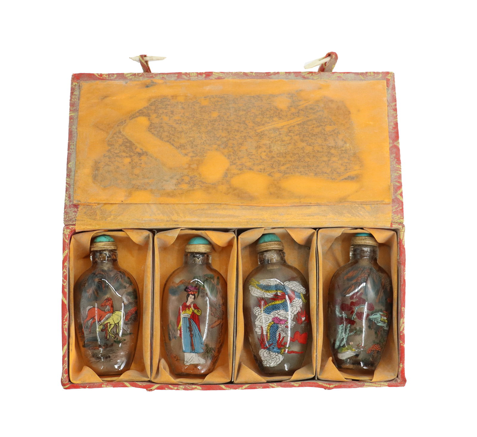 (4) Vintage Chinese Hand-Painted Glass Snuff Bottles in Original Box: (4) Vintage Chinese Hand-Painted Glass Snuff Bottles in Original Box. Each is adorned with different images, including a pair of frolicking horses, mountain streams and houses, a majestic sprawling