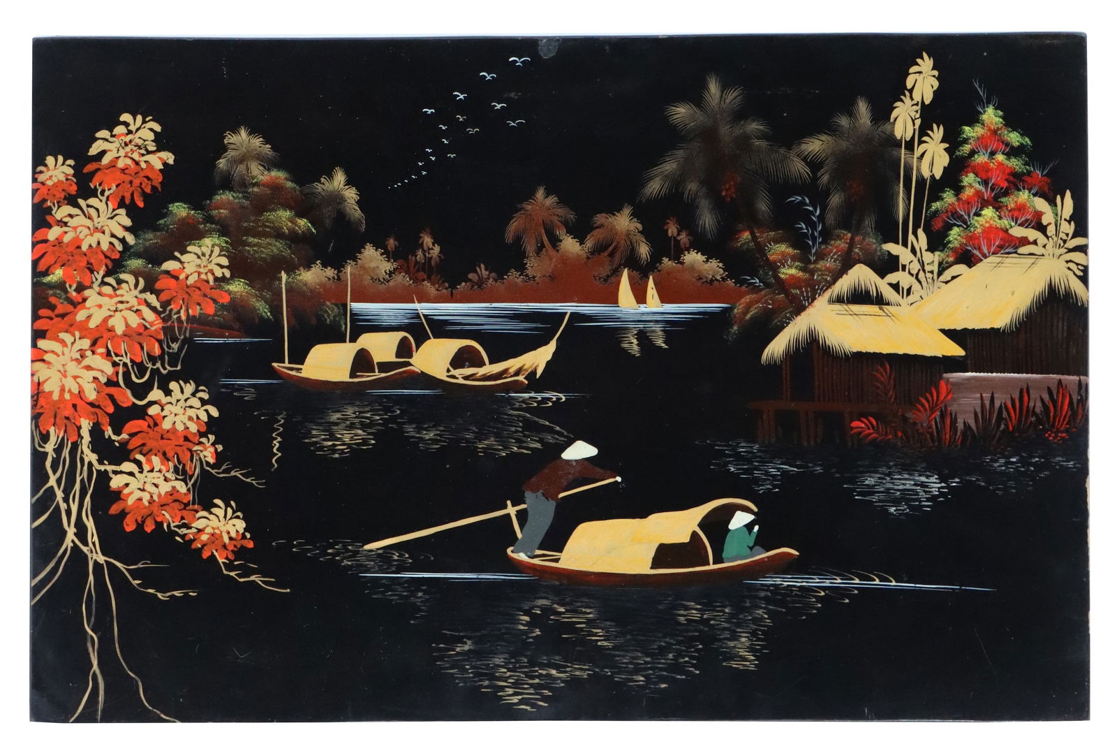 Vietnamese Black Lacquered Landscape Painting: Vietnamese Black Lacquered Landscape Painting. A tropical river scene with traditional Vietnamese boats, palm trees, and thatched huts set against a stark, black background. The painting