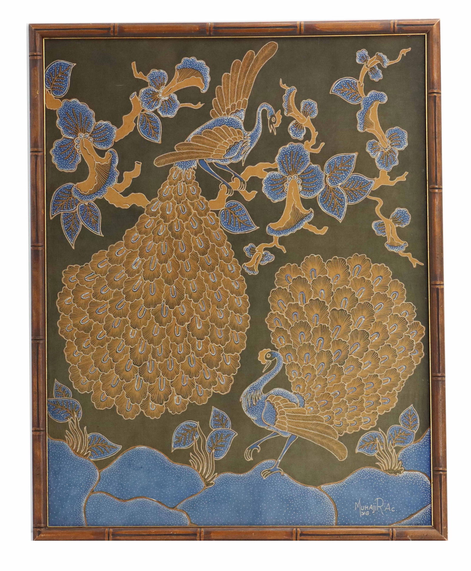 Southeast Asian Framed Batik with Peacocks: Southeast Asian Framed Batik with Peacocks. Framed batik or painted textile featuring two stylized peacocks among flowering branches. The color palette primarily uses muted tones of olive green and