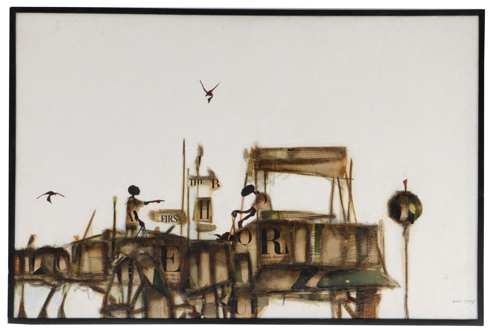 James Groody (Born 1940) American, Mixed Media Collage on Board: James Groody (Born 1940) American, Mixed Media Collage on Board. Signed lower right. Framed.Overall Size: 24 1/2 x 36 7/8 in. Sight Size: 23 1/2 x 35 3/4 in. James Groody (born 1940)