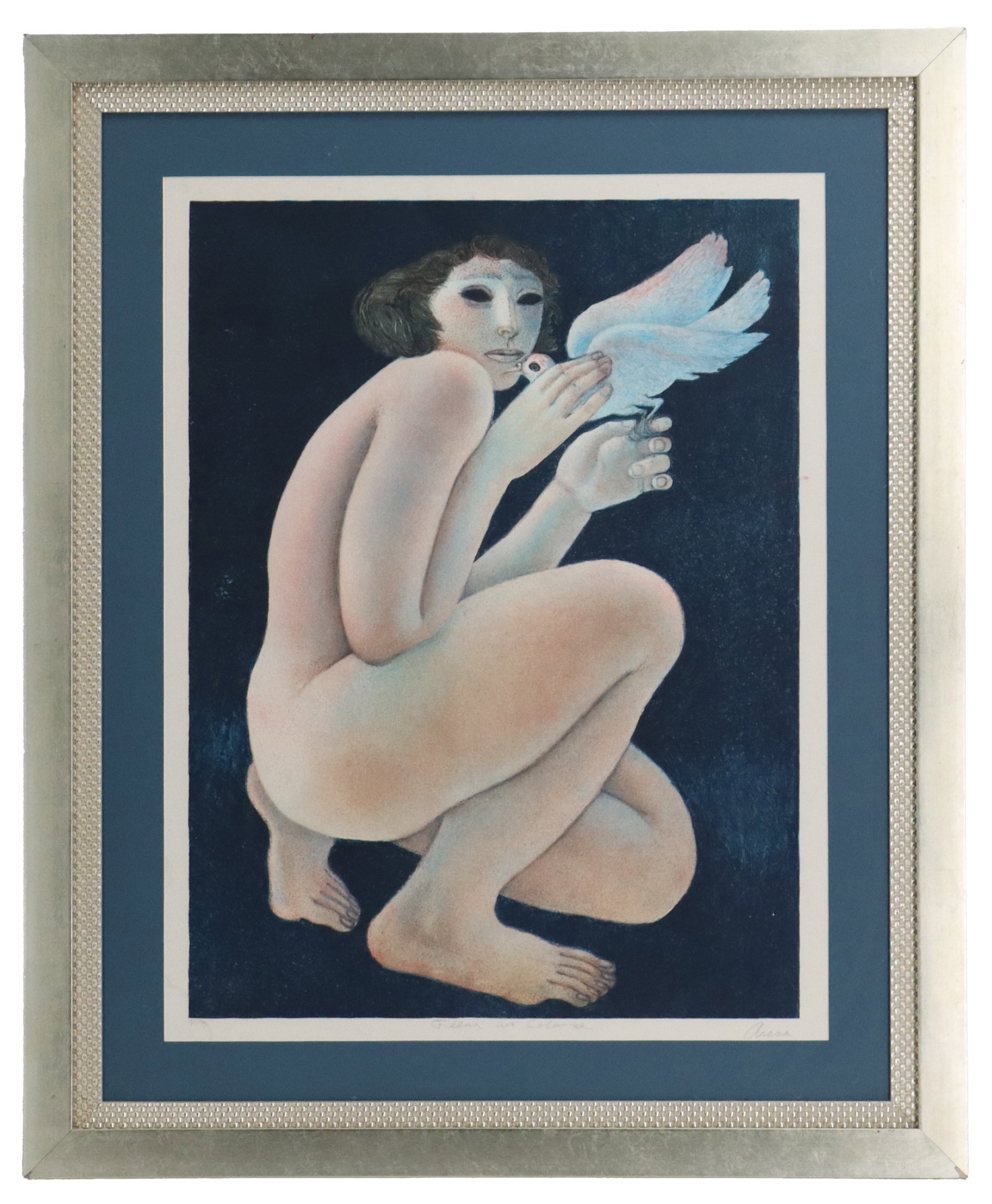 Alfonso Melendez Arana (1927-2005) Puerto Rico, Figural Lithograph: Alfonso Meléndez Arana (1927-2005) Puerto Rico, Figural Lithograph. Titled "Filles aux Colombe". Depicting a nude woman with a dove, her eyes blacked out. Signed lower right. Titled o