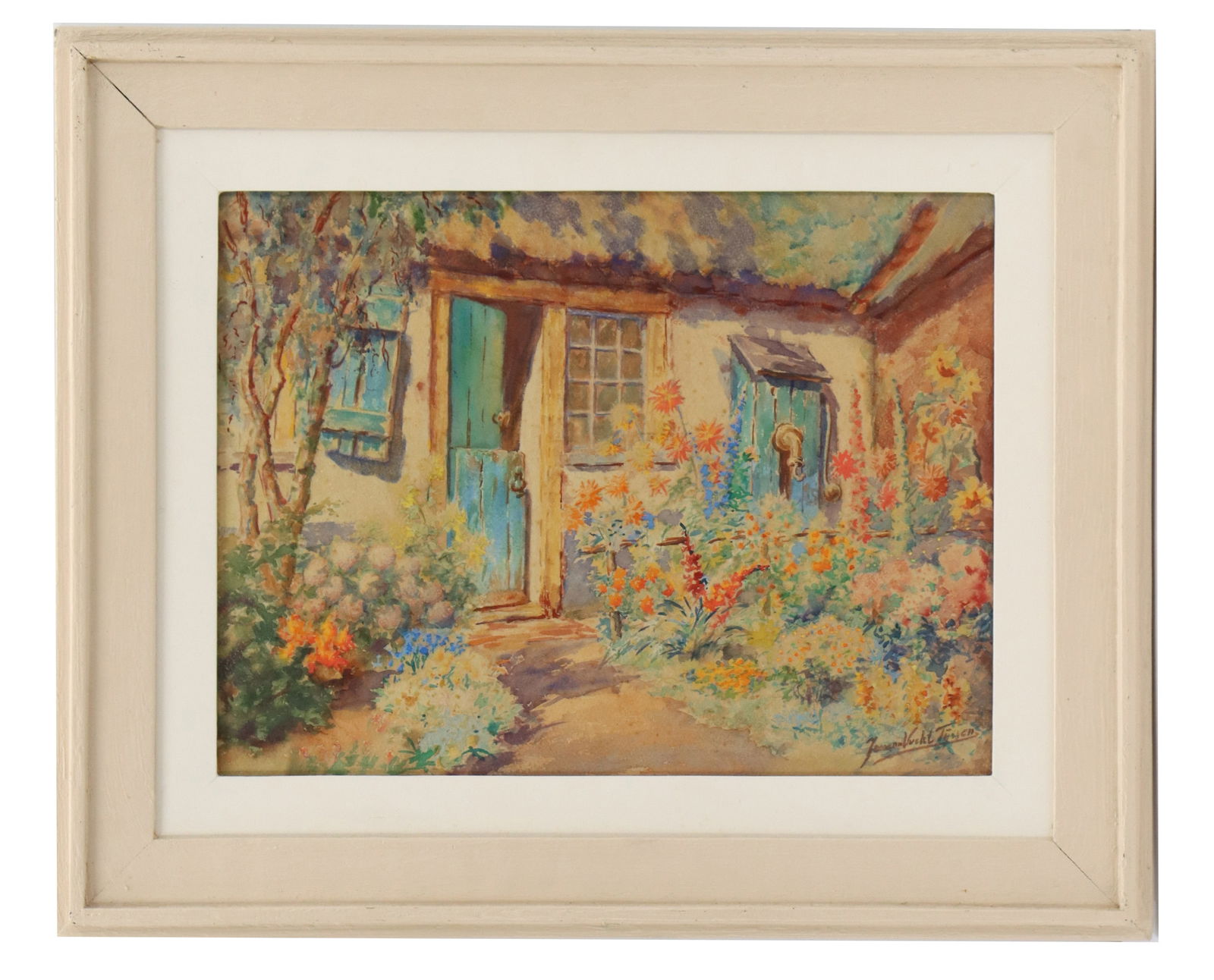 Jan van Vucht Tijssen (1884-1970) Dutch, Signed and Framed Watercolor: Jan van Vucht Tijssen (1884-1970) Dutch, Signed and Framed Watercolor. Depicts a quaint cottage with a thriving garden and stunning, blue-painted doors and windows. Signed bottom right. Overall