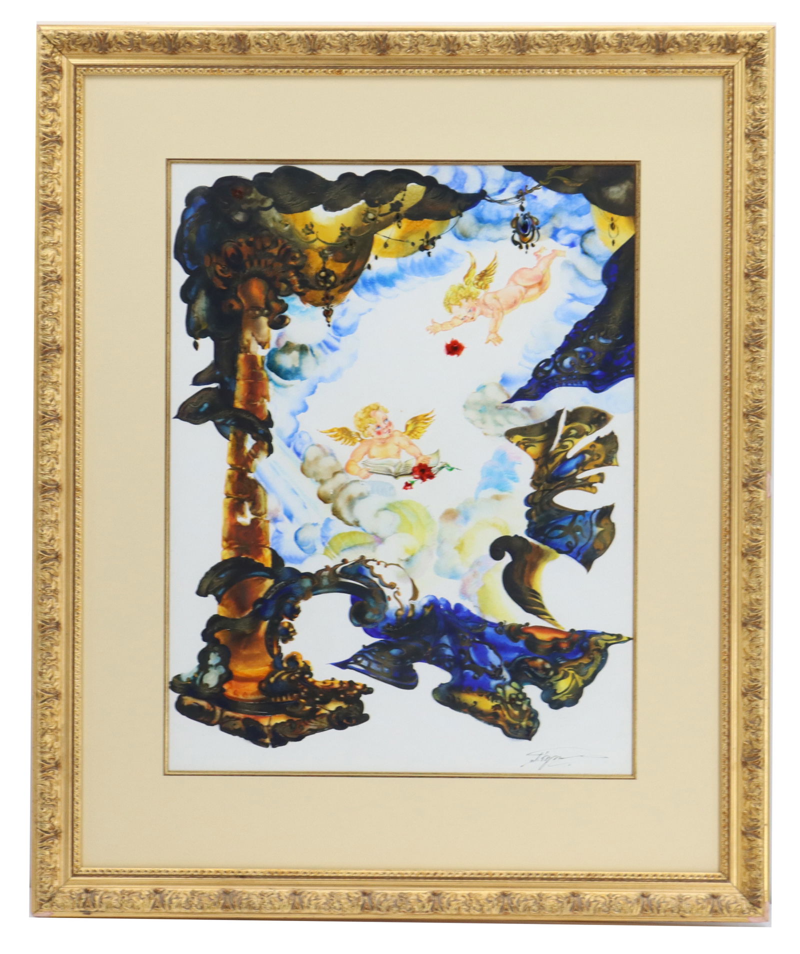Signed and Framed Abstract with Cherubs Mixed Media on Paper: Signed and Framed Abstract with Cherubs Mixed Media on Paper. Inks, watercolors, and pastels combined to make an image of two cherubs in a whimsical but abstract heavenly space with columns and curtai