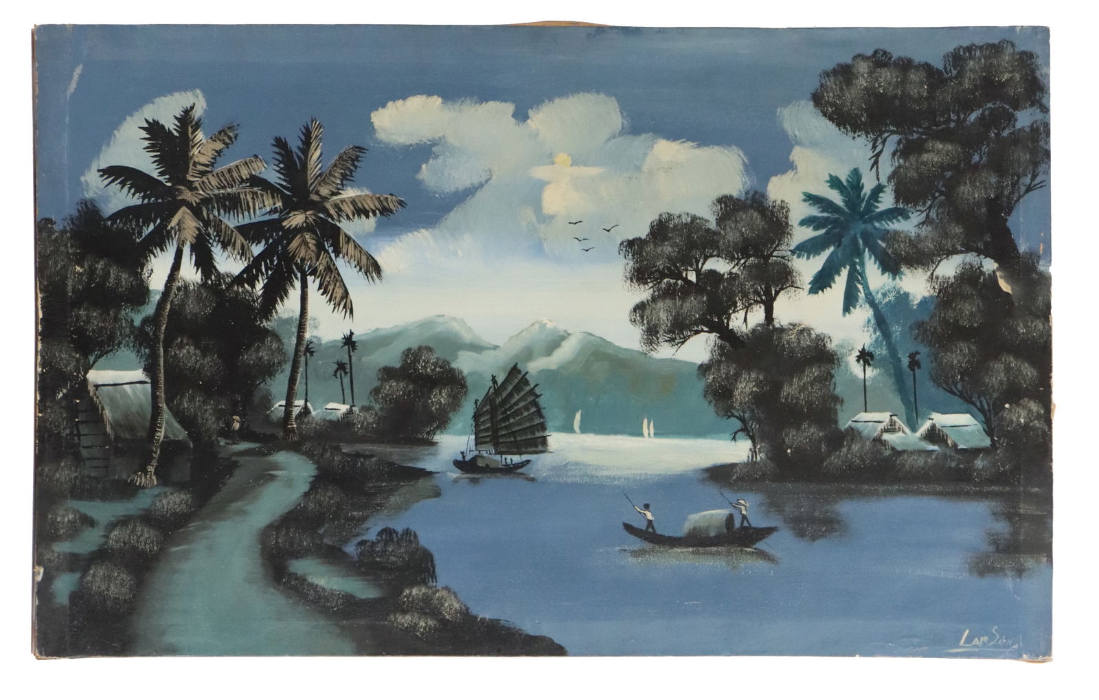 Signed Vietnamese Oil on Canvas Landscape Painting: Signed Vietnamese Oil on Canvas Landscape Painting. Vibrant Vietnamese tropical landscape painting depicting village life. Signed lower right. Unframed. Size: 21 1/4 x 31 in. Vietnamese oi