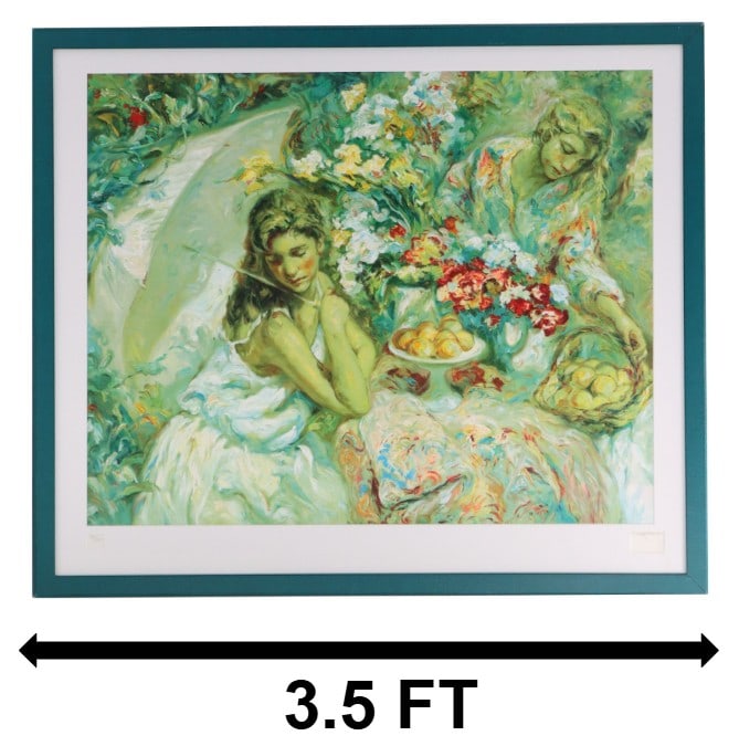 Jose Royo (Born 1941) Spanish, Signed and Numbered Embellished Giclee: Jose Royo (Born 1941) Spanish, Signed and Numbered Embellished Giclee. Depicts two melancholy women sitting at a table with food and flowers, surrounded by greenery. Signed in pencil bottom right. Num