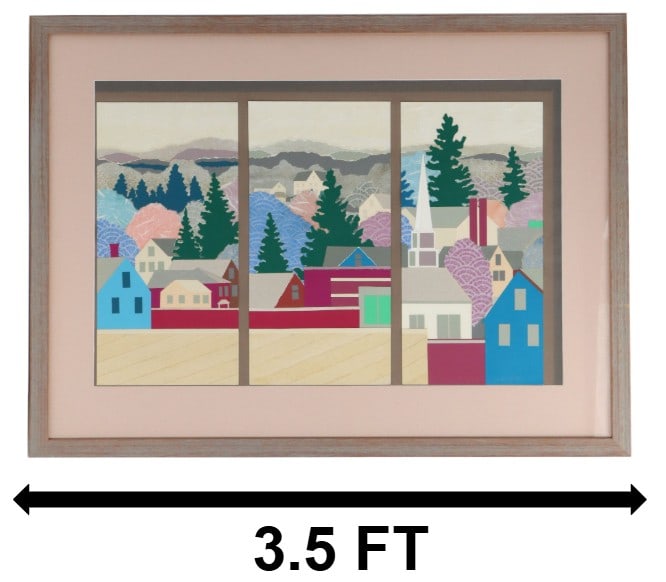Aleta LaForce (20th Century) Triptych Landscape Collage of a Village: Aleta LaForce (20th Century) Triptych Landscape of a Village. This artwork by Aleta LaForce is a framed triptych collage depicting a stylized, colorful village scene nestled against a mountainous