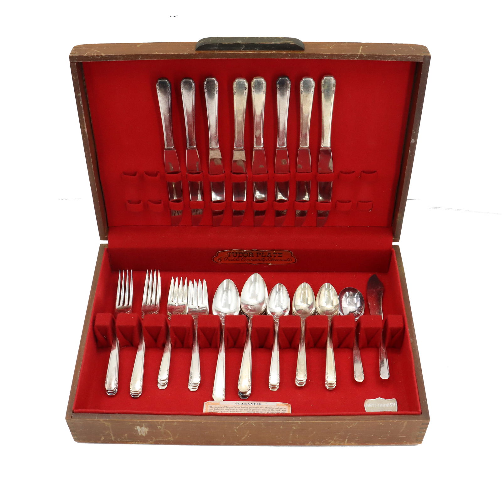 (50) Pieces of Oneida Tudor Silverplated Flatware Set in Original Monogrammed Box: (50) Pieces of Oneida Tudor Silverplated Flatware Set in Original Monogrammed Box. This is an incomplete set of Queen Bess II pattern flatware originally introduced in 1946. Includes 25 spoons, 1