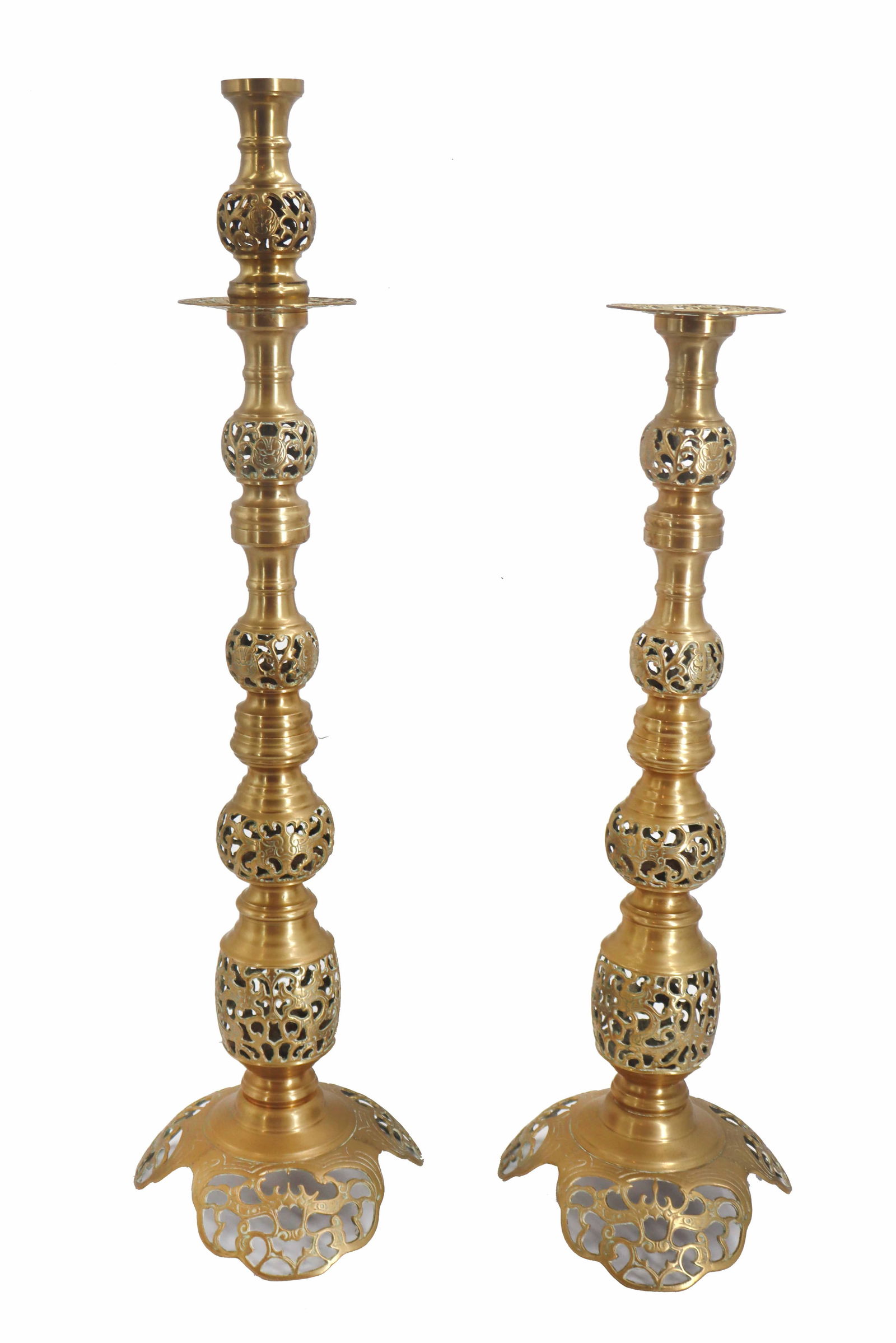 (2) Vintage Chinese Filigree Brass Candlestick Holders with (1) Extension (1 of 11)