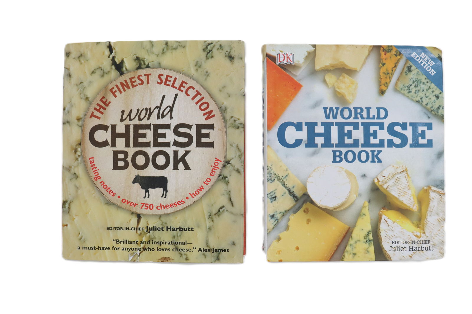 2 Different Editions of World Cheese Book: 2 Different Editions of World Cheese Book. Same number of cheeses in each (750) as well as the same publisher, just different covers and pictures within. Largest Size: 8 x 9 1/2 x 1 in. Wh