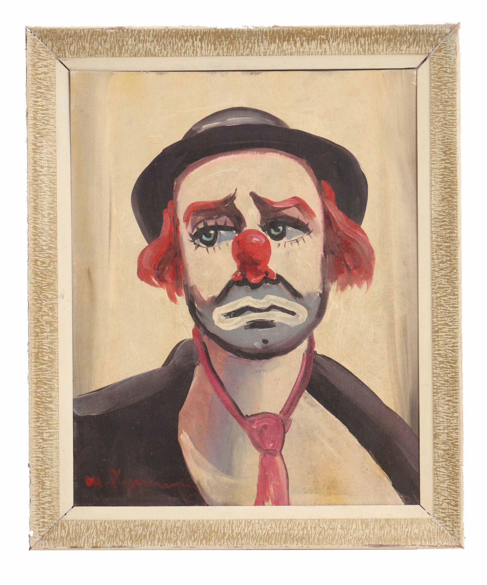 Signed Vintage Sad Clown Oil Painting: Signed Vintage Sad Clown Oil Painting. A melancholic close-up portrait of a "sad clown" with a downturned mouth, prominent red nose, and expressive blue eyes, signed by the artist in red scr