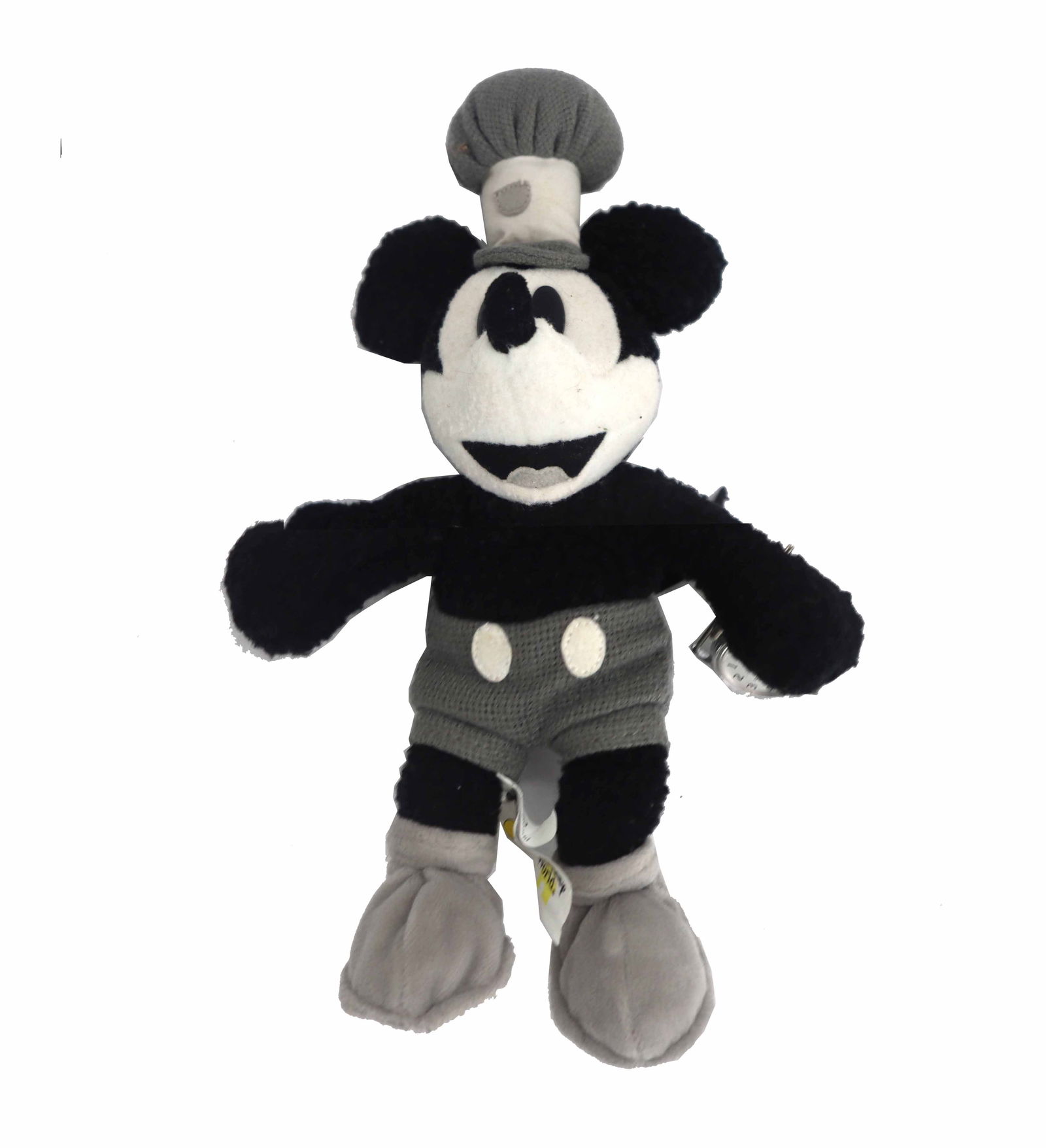 Vintage Steamboat Willie Plush Toy with Goofy Watch Face: Vintage Steamboat Willie Plush Toy with Goofy Watch Face. Walt Disney World tag. Walt Disney World 2000 is underneath the foot. A Goofy watch face is safety pinned to one of its arms. Back of wa