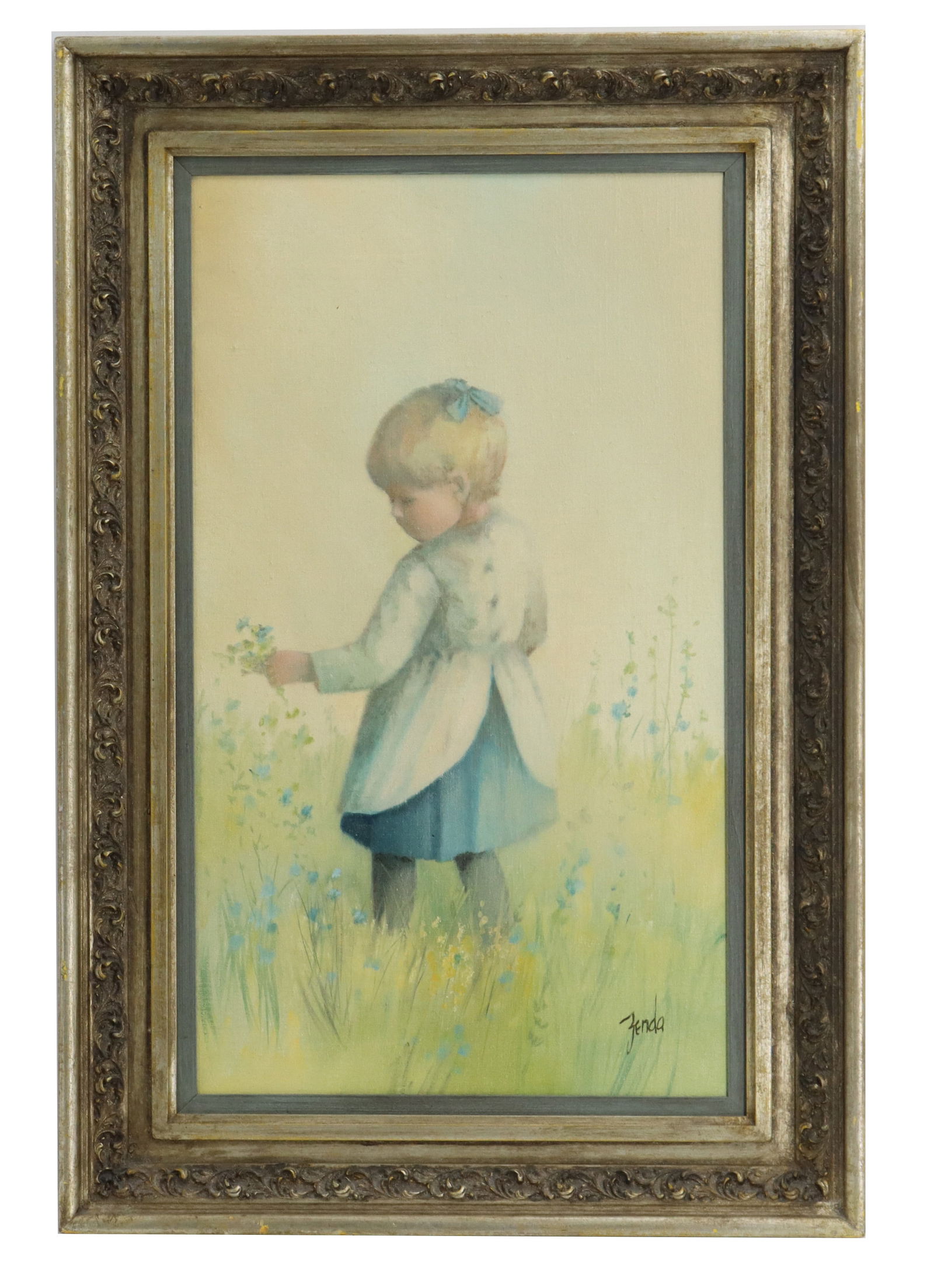 Pat Zenda (1930-2019) American, Oil on Canvas: Pat Zenda (1930-2019) American, Oil on Canvas. Depicts a young girl in a field picking flowers. Signed bottom right. Label on the back from the W.T. Burger Co. with information about the piece, includ