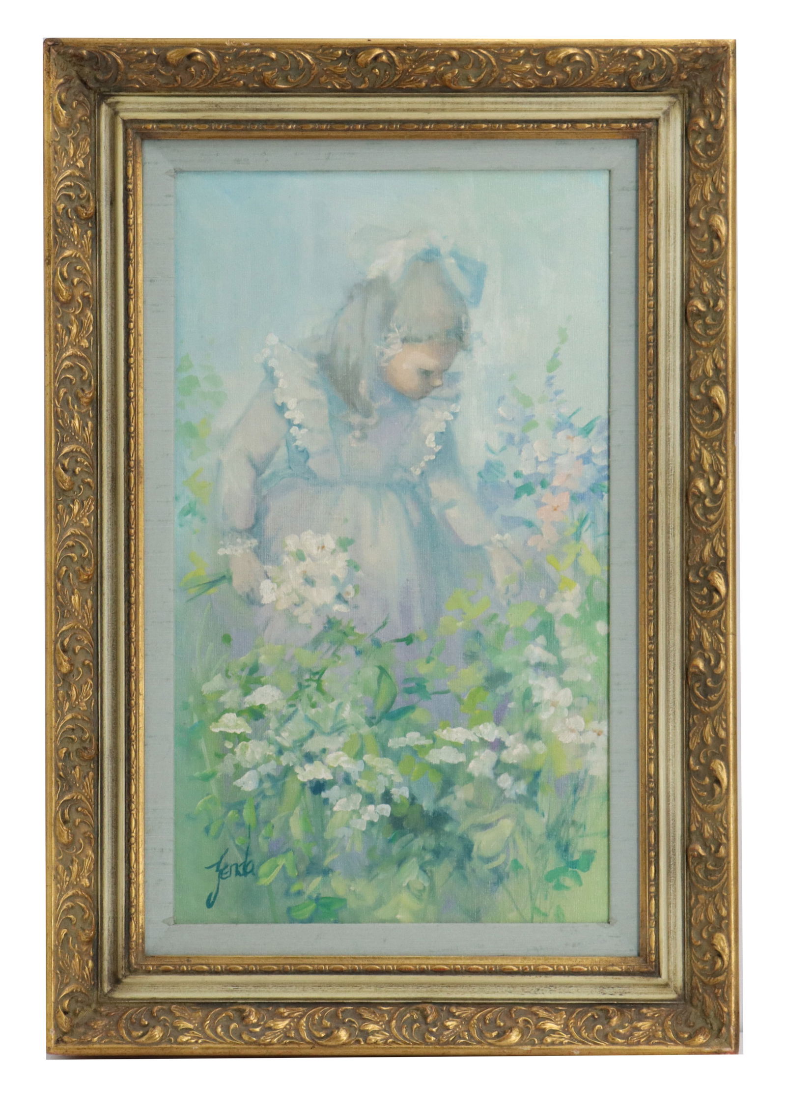 Pat Zenda (1930-2019) American, Oil on Canvas: Pat Zenda (1930-2019) American, Oil on Canvas. Depicts a young girl in a field picking flowers. Signed bottom left. Label on the back from the W.T. Burger Co. with information about the piece, in