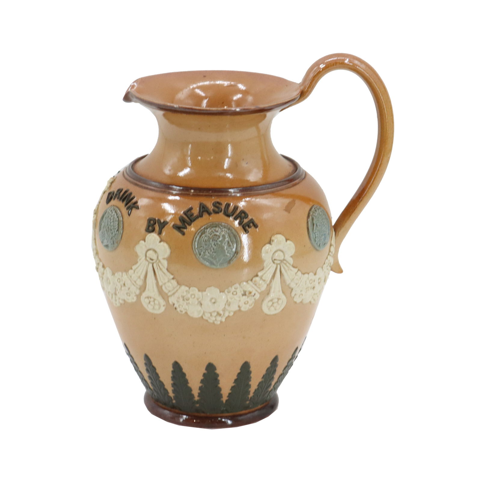 Antique English Doulton Lambeth Ceramic Motto Jug: Antique English Doulton Lambeth Ceramic Motto Jug. Curved handle and wide flared mouth with a pouring space opposite the handle. Several raised decorative marks in classical Greek styles at the top wi