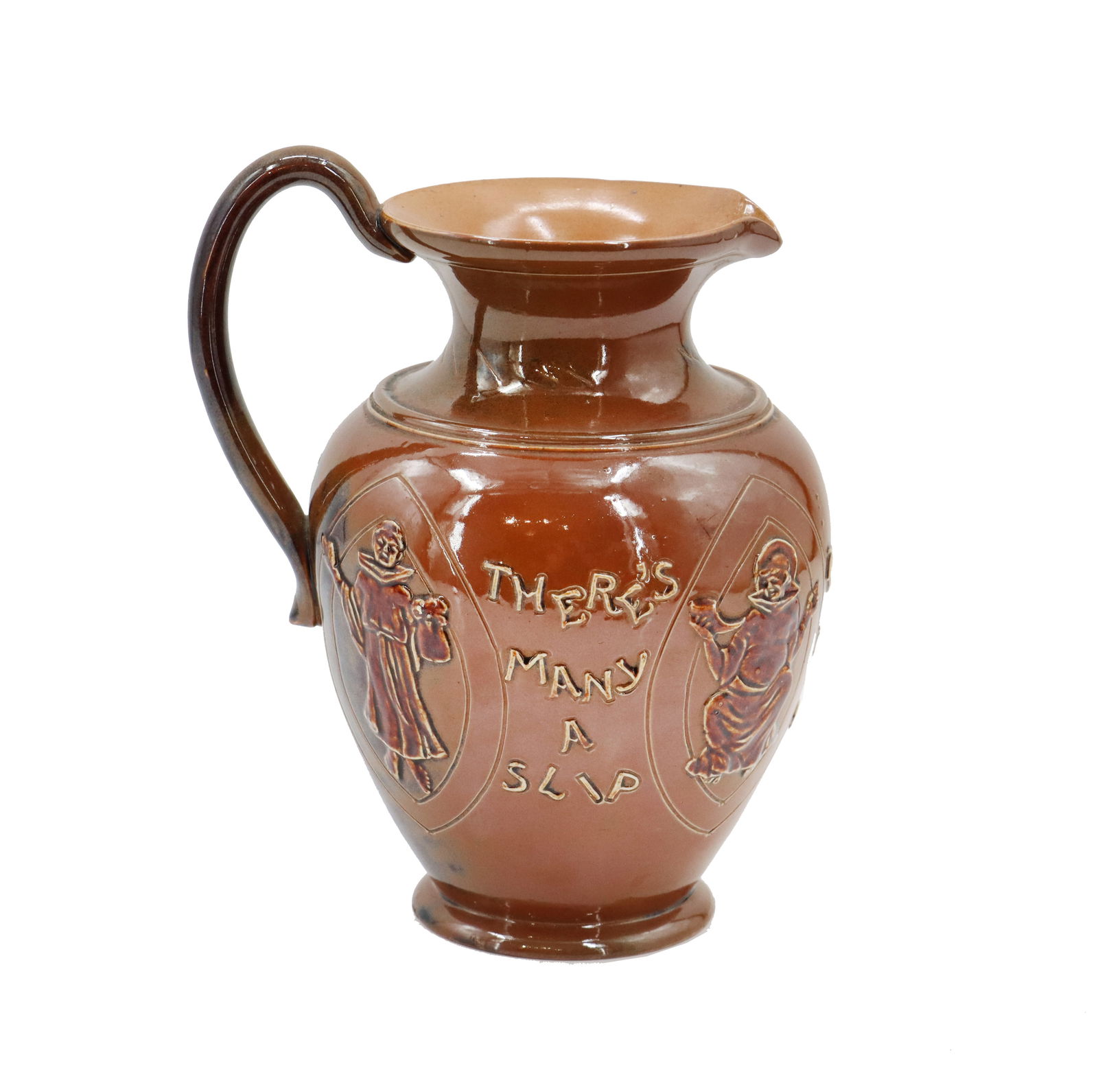 Antique English Doulton Lambeth Drunk Monks Ceramic Motto Jug: Antique English Doulton Lambeth Drunk Monks Ceramic Motto Jug. Classic Greek shape with a curved handle and wide flared mouth leading to a pouring space opposite the handle. There are four frolicking