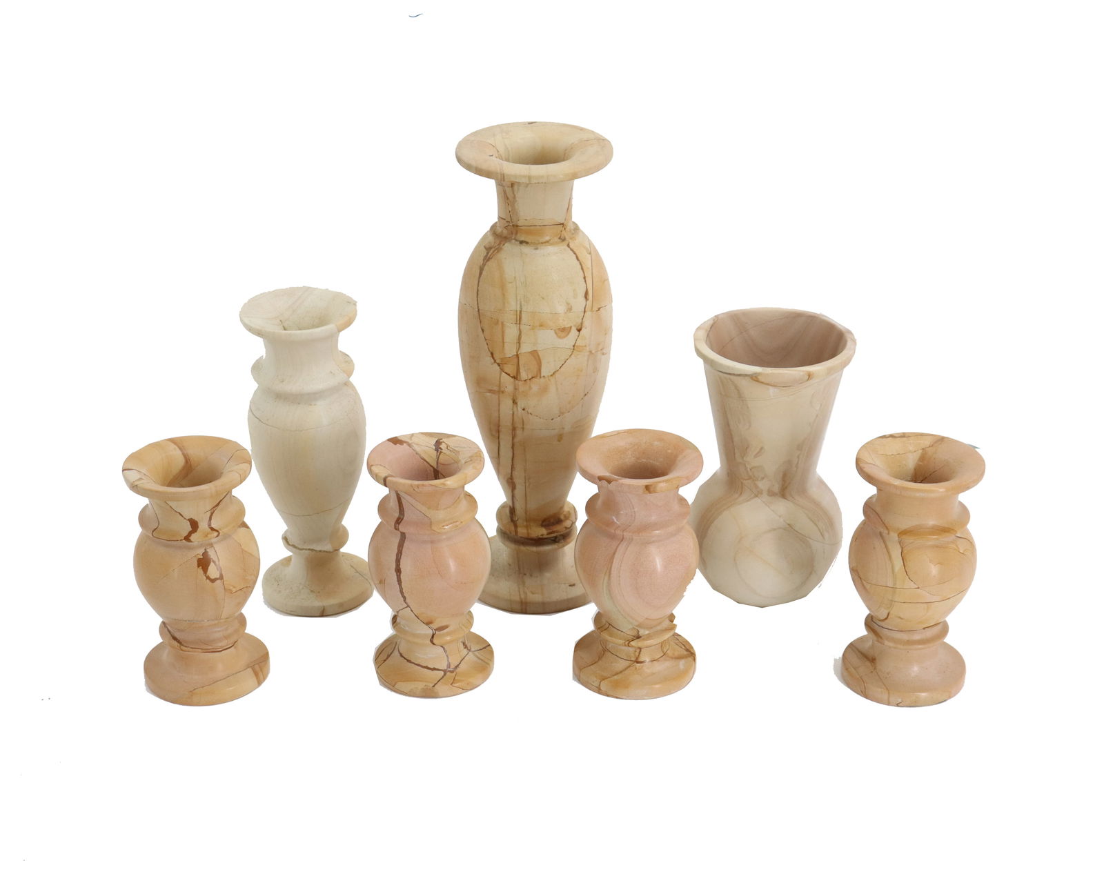 (7) Alabaster Vases: (7) Alabaster Vases. 4 are the same size and style, 2 are taller in different designs, and 1 is very tall with an amphora style. The alabaster on each piece is exquisitely variegated. Tallest