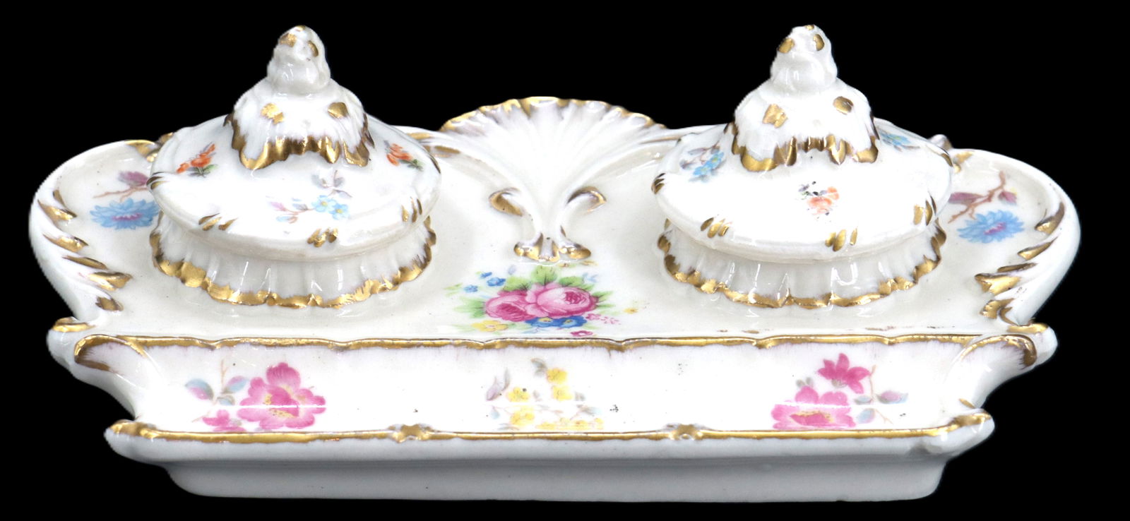 Bethwood Royal China Porcelain Double Inkwell: Bethwood Royal China Porcelain Double Inkwell. Painted porcelain double inkwell with pen holder base, with floral and foliate decoration. Marked on base, Hand-Decorated Bethwood Royal Crown in shield