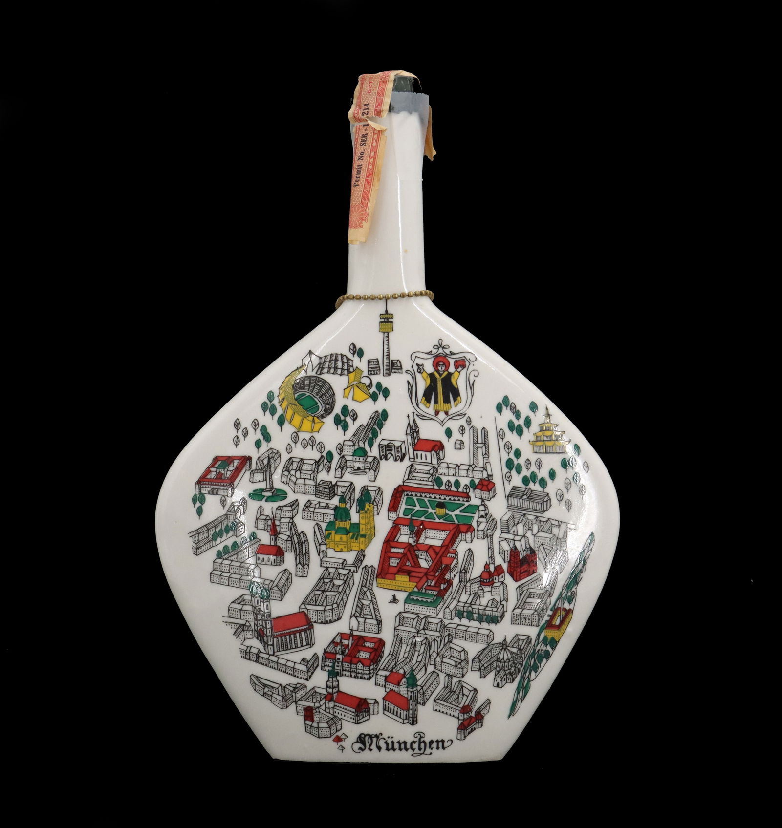 Bavarian Escorial Green Herb Liquer Porcelain Bottle with Map of Munich: Bavarian Escorial Green Herb Liquer Porcelain Bottle with Map of Munich. Decorative ceramic liquor bottle or flask, distinguished by its unusual, flattened, diamond-like or trapezoidal shape with a