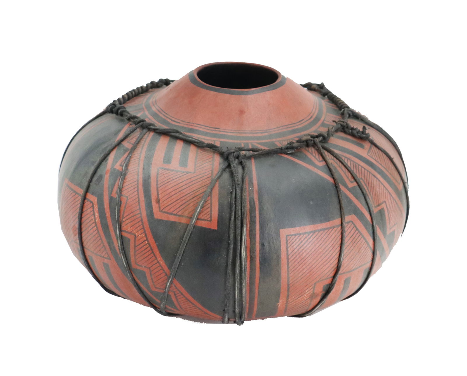 Robert Rivera (Born 1951) American, Anasazi Style Gourd Bowl: Robert Rivera (Born 1951) American, Anasazi Style Gourd Bowl. Painted with traditional designs on the outside and bound in an intricate web of fibers, it is signed on the bottom along with the medium