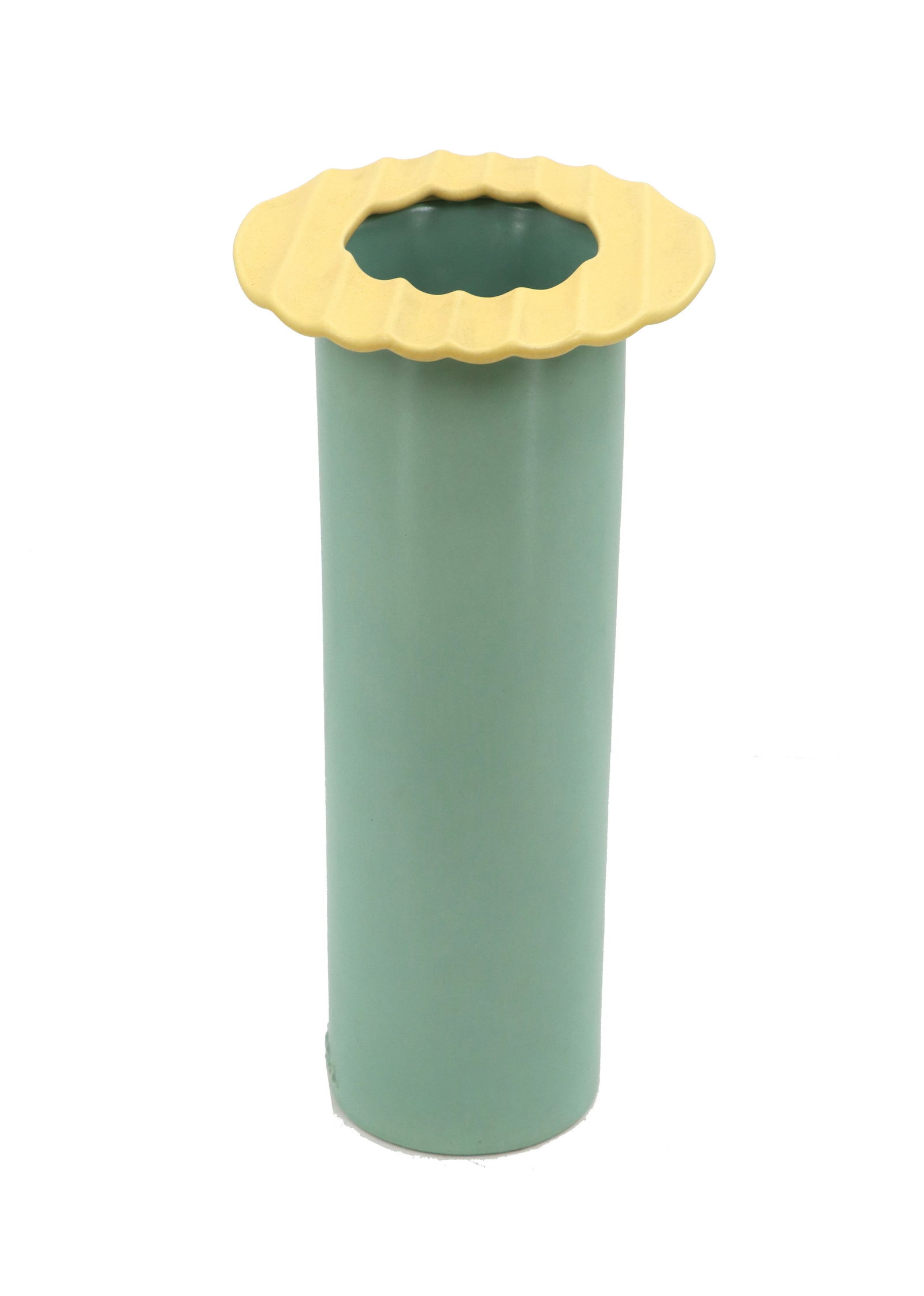 Pastel Post Modern Ceramic Vase: Pastel Post Modern Ceramic Vase. Signed near bottom. Simple, cylindrical body with straight, smooth sides. Pastel green. Pastel yellow scalloped rim. Size: 7 1/2 x 7 1/2 x 16 in.