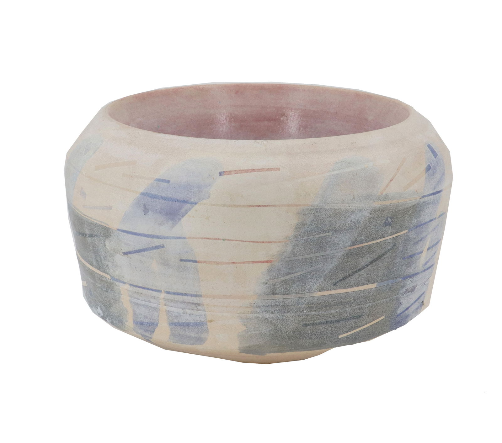Post Modern Double Wall Bowl, Signed: Post Modern Double Wall Bowl, Signed. Signed indistinctly on underside. Robust, somewhat irregular, sculptural form. Off white base color, heavily adorned with expressive, brushstroke-like