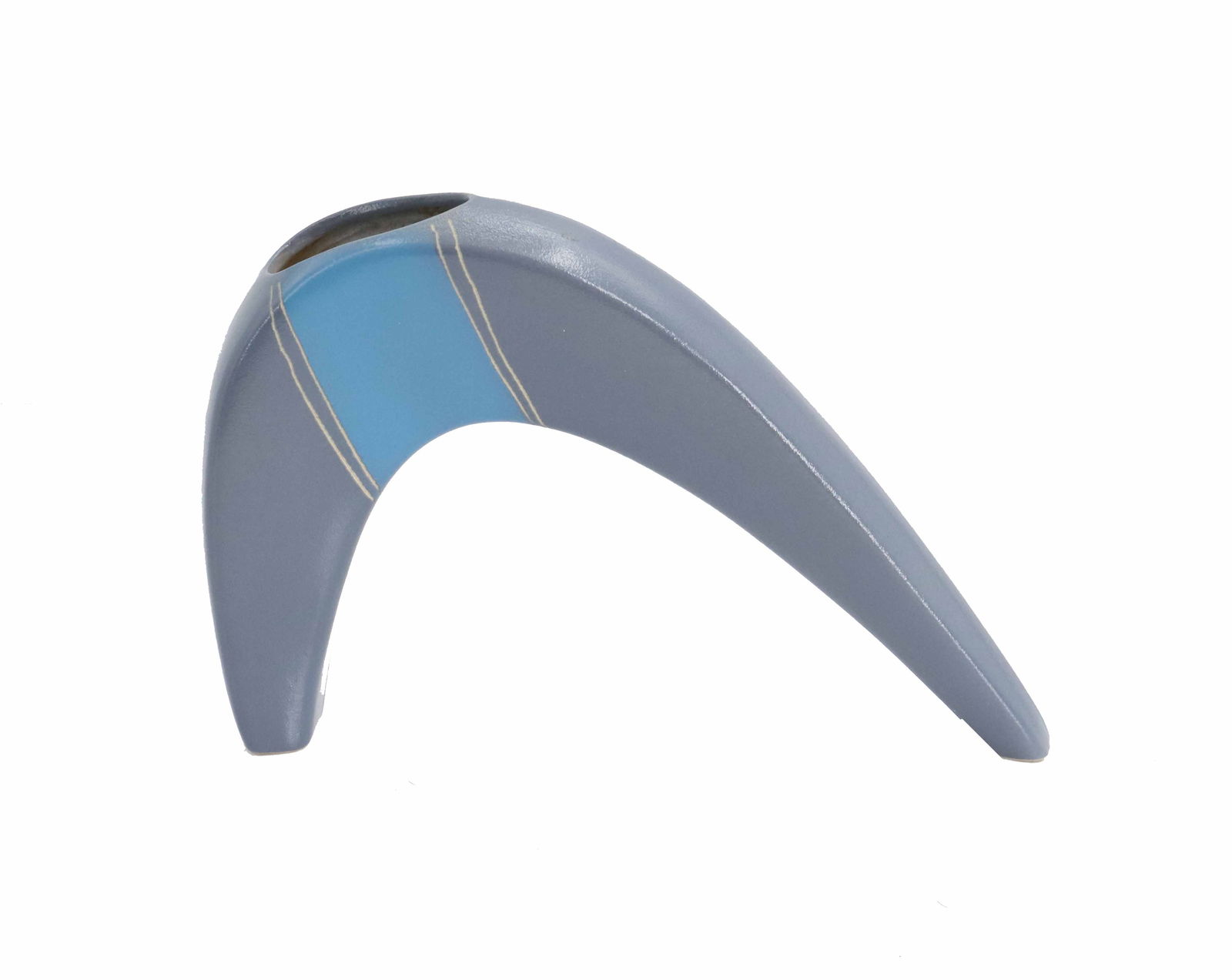 Japanese Abstract Ikebana Vase: Japanese Abstract Ikebana Vase. Unique, boomerang-shaped ceramic vase featuring a stylized Mid-Century Modern design. Sticker on underside. Size: 10 x 2 1/2 x 7 in.