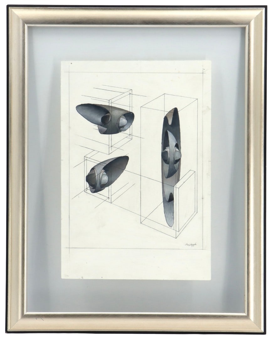 Ben Lincoln (Born 1970) American, Framed and Signed Mixed Media on Paper: Ben Lincoln (Born 1970) American, Framed and Signed Mixed Media on Paper. Displays Lincoln's signature geometric abstraction, with curvilinear shapes surrounded by obfuscated boxes and lines