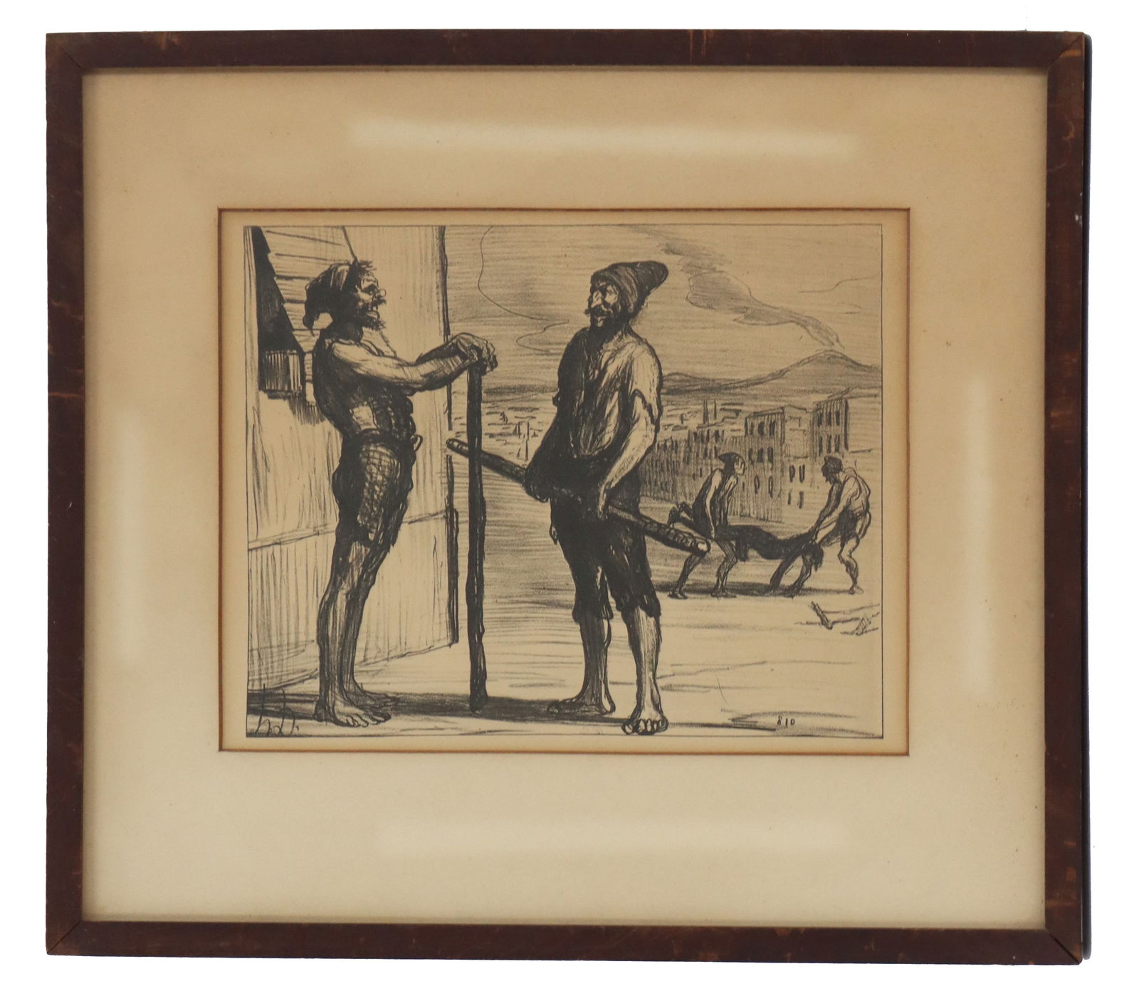 Honore-Victorin Daumier (1808-1879) French, Etching on Paper: Honore-Victorin Daumier (1808-1879) French, Etching on Paper. Signed bottom right in plate. Depicts two workers laughing and loafing before a city gate, while two other workers drag a