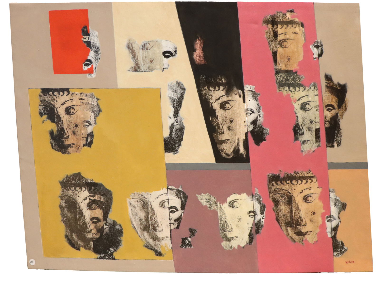 Jean Krupa (20th Century) Acrylic and Mixed Media on Canvas: Jean Krupa (20th Century) Acrylic and Mixed Media on Canvas. Title: "Buddha Heads." Acrylic and mixed media composition of cut out Buddha head photographs on abstract acrylic ground. Si