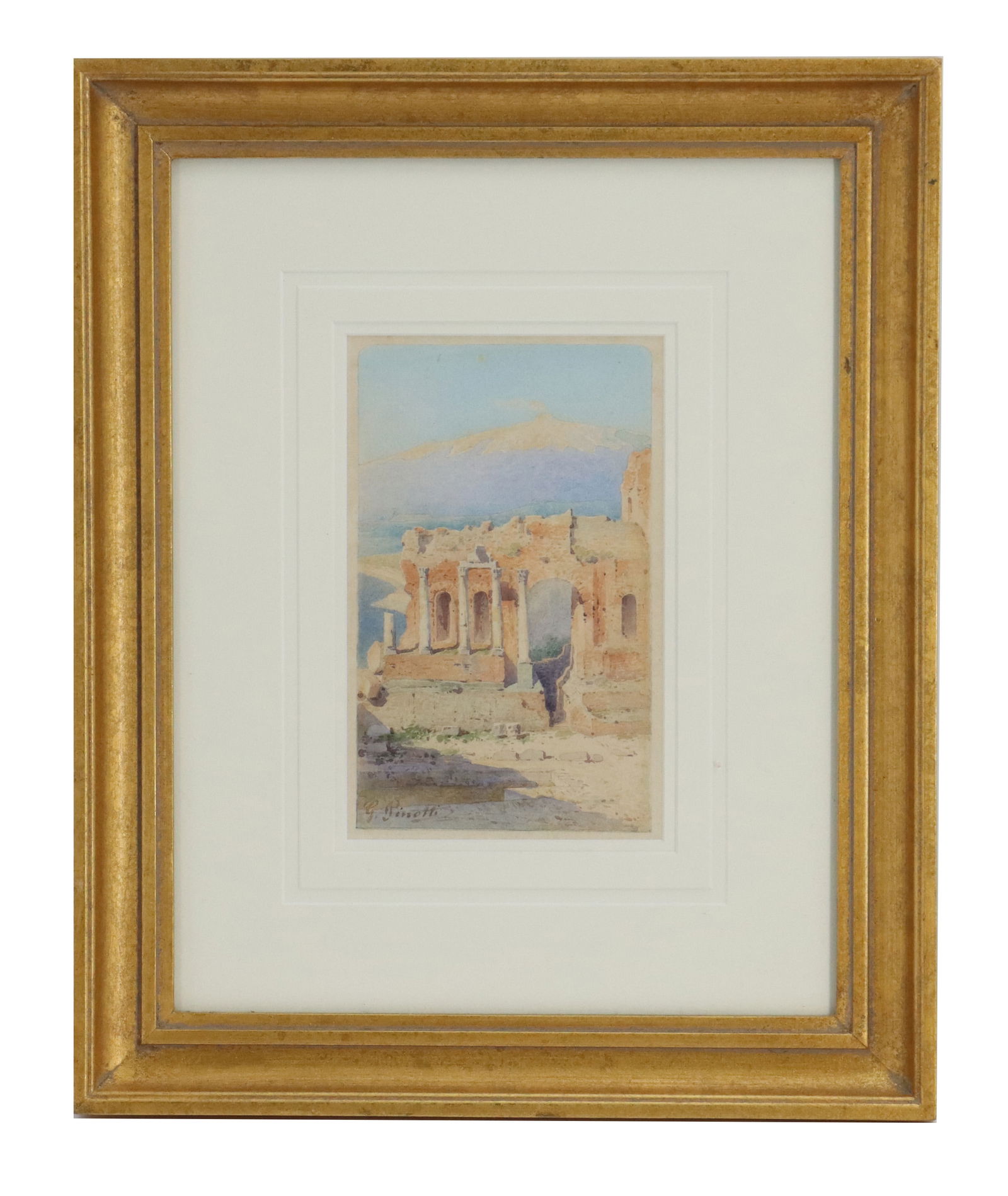 G. Pinotti (Late 19th/Early 20th Century) Italian, Watercolor of Greek Temple in Sicily: G. Pinotti (Late 19th/Early 20th Century) Italian, Watercolor of Greek Temple in Sicily.Overall Size: 17 x 13 3/4 in. Sight Size: 13 x 10 1/2 in. G. Pinotti was an Italian artist active