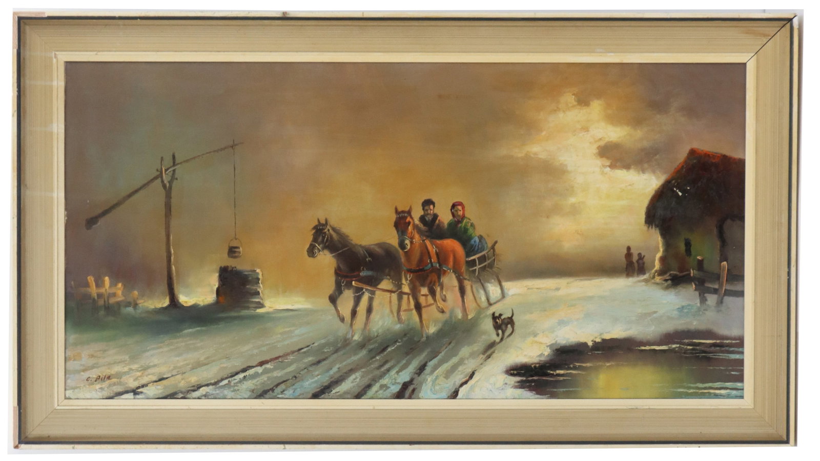 Corrado Pila (1901–1999) Italian, Winter Landscape Oil on Canvas: Corrado Pila (1901-1999) Italian, Winter Landscape Oil on Canvas. Depicting a couple in a horse-drawn sled cutting through a snowy farmyard under cloudy skies. Signed lower left. Framed. Overall
