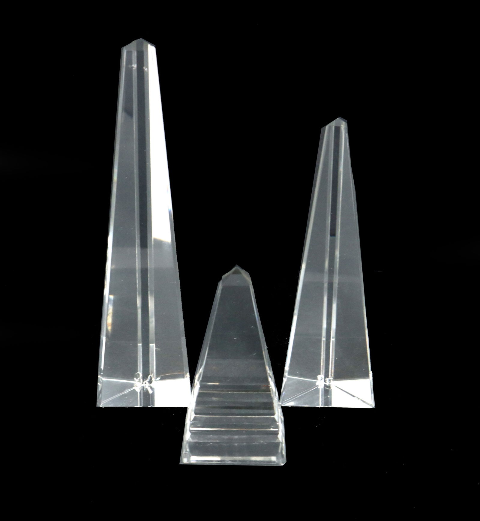(3) Art Glass Obelisks - AS IS: (3) Art Glass Obelisks - AS IS. 1 is four-sided, and the other 2 are three-sided. Condition: Small chips on each one. Largest Size: 10 x 2 1/2 in.