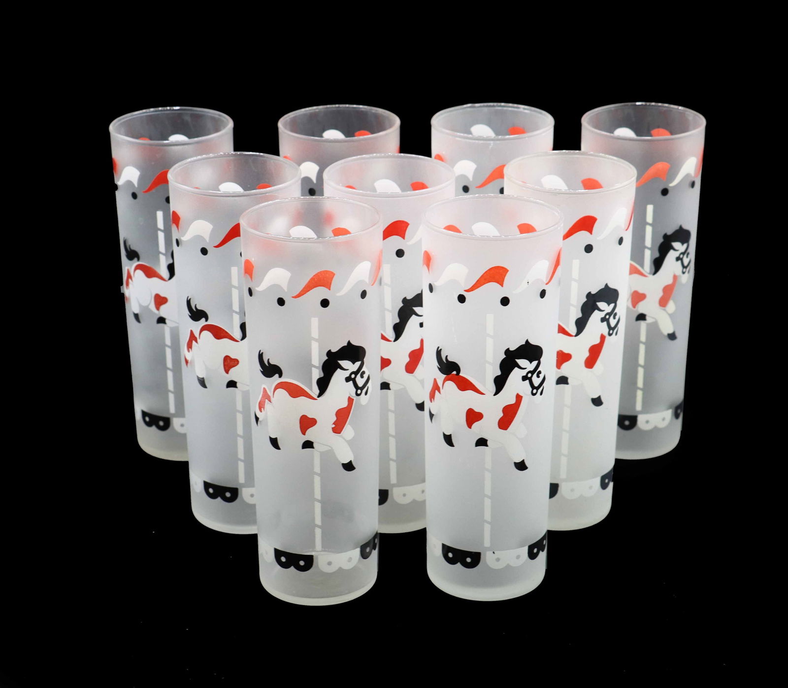 (9) Vintage Libbey "Carousel" Frosted Highball Glasses: (9) Vintage Libbey "Carousel" Frosted Highball Glasses. Produced in the 1950s, all are matching, displaying horses with red highlights. Size: 2 1/2 x 7 in. Libbey,
