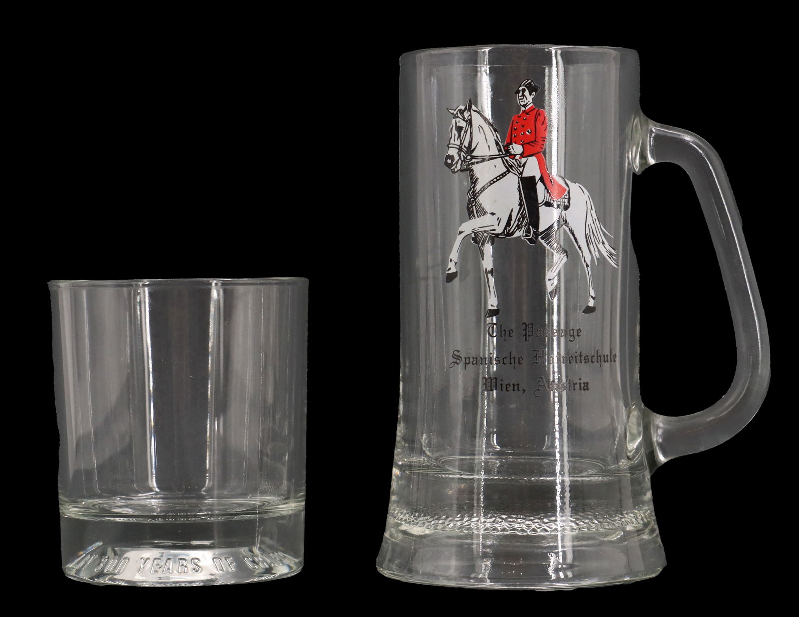 (1) Austrian and (1) Dutch Commemorative Drinking Glasses: (1) Austrian and (1) Dutch Commemorative Drinking Glasses. One is a handled mug with a flared bottom, bearing a painted image of a man in full dressage attire astride a horse, with