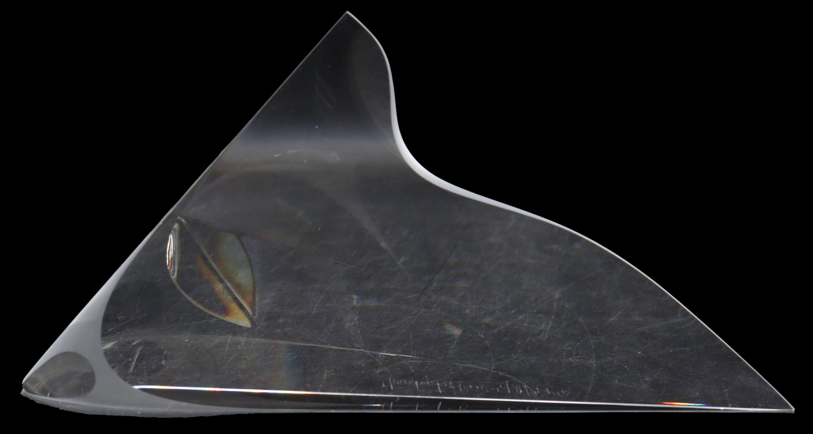Christopher Ries (Born 1952) American, Abstract Art Glass Sculpture: Christopher Ries (Born 1952) American, Abstract Art Glass Sculpture. Etched signature near edge, dated 5/8/1997. Organic form art glass sculpture with thin triangular base. Size: 9 x 2 x 4 1