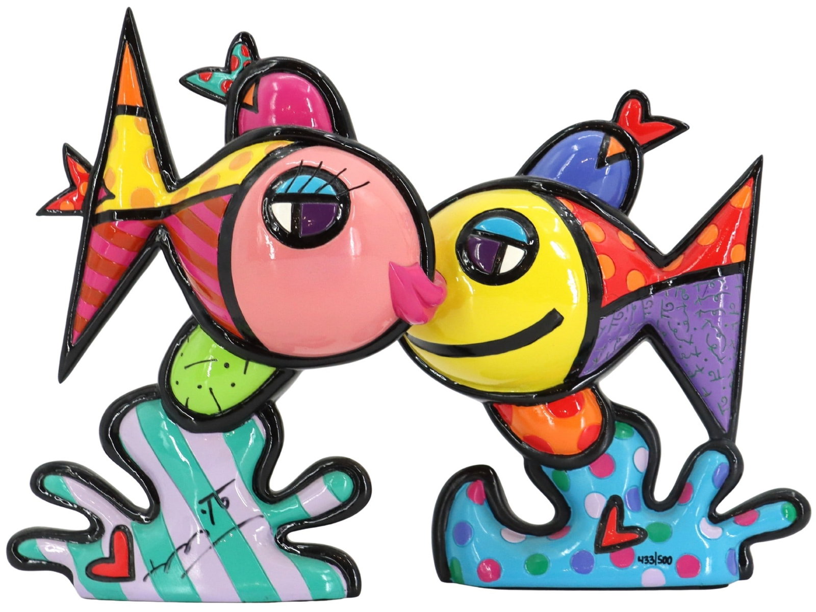 Romero Britto (Born 1963) Brazilian, Hand Painted Resin Sculpture "Deep Love": Romero Britto (Born 1963) Brazilian, Hand Painted Resin Sculpture "Deep Love". Vibrant, pop-art sculpture by Romero Britto depicts two stylized, multicolored fish in a "kissing" po
