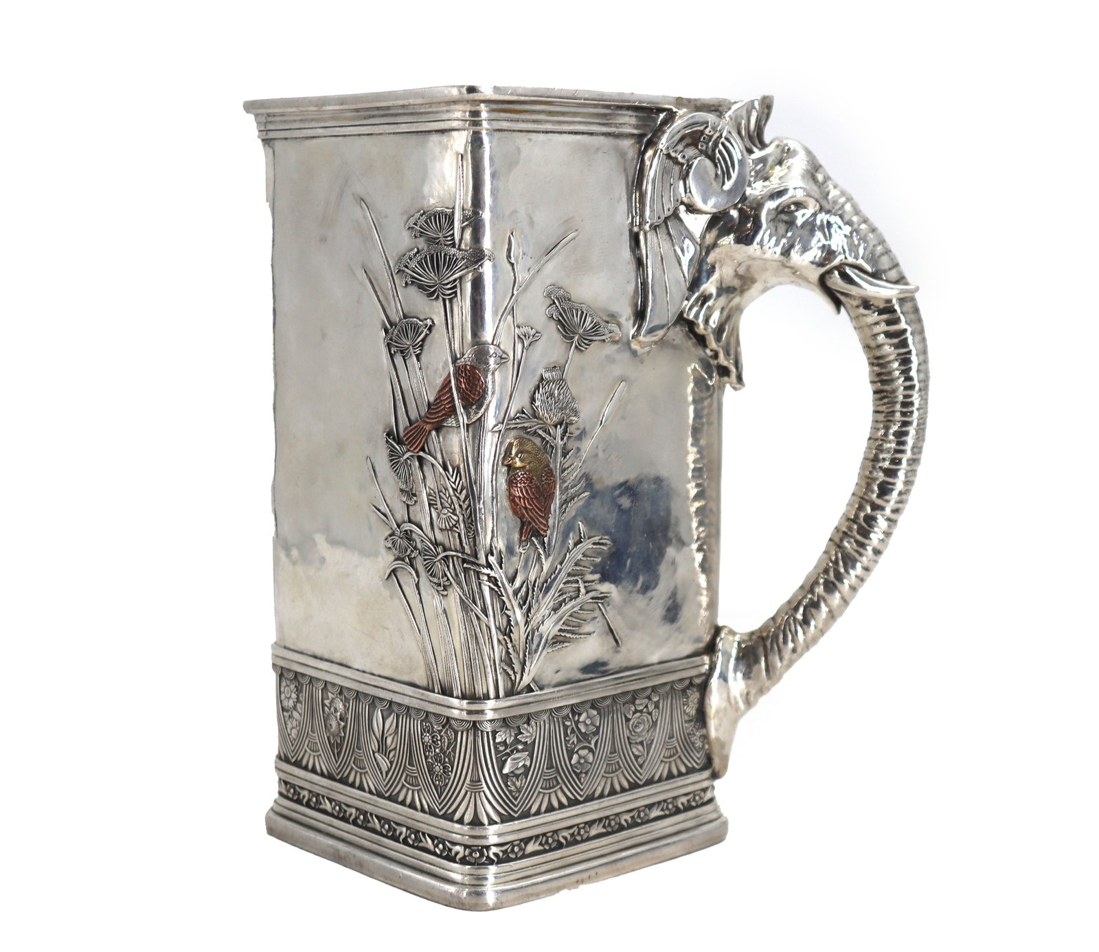 Remarkable Rare Antique Gorham Sterling Silver Elephant Handle Pitcher - 41.685 ozt.: Remarkable Rare Antique Gorham Sterling Silver Elephant Handle Pitcher - 41.685 ozt. One of the most stunning Gorham pieces we've had, a rectangular form pitcher made in the 1880s with highly deta