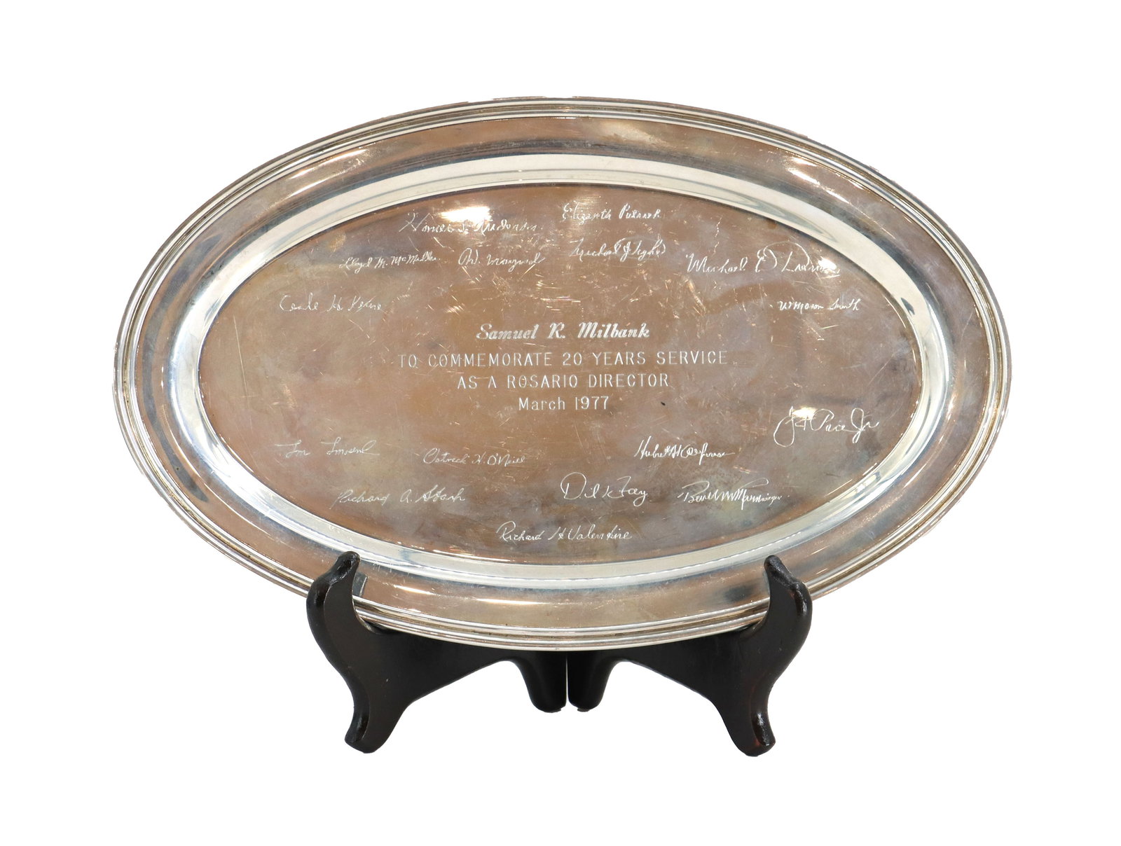 Fisher Sterling Silver Commemorative Personalized and Signed Tray - 9.05 ozt.: Fisher Sterling Silver Commemorative Personalized and Signed Tray - 9.05 ozt. Simple oval shape with writing in the middle: "Samuel R. Milbank, to Commemorate 20 Years Service as a Rosario D