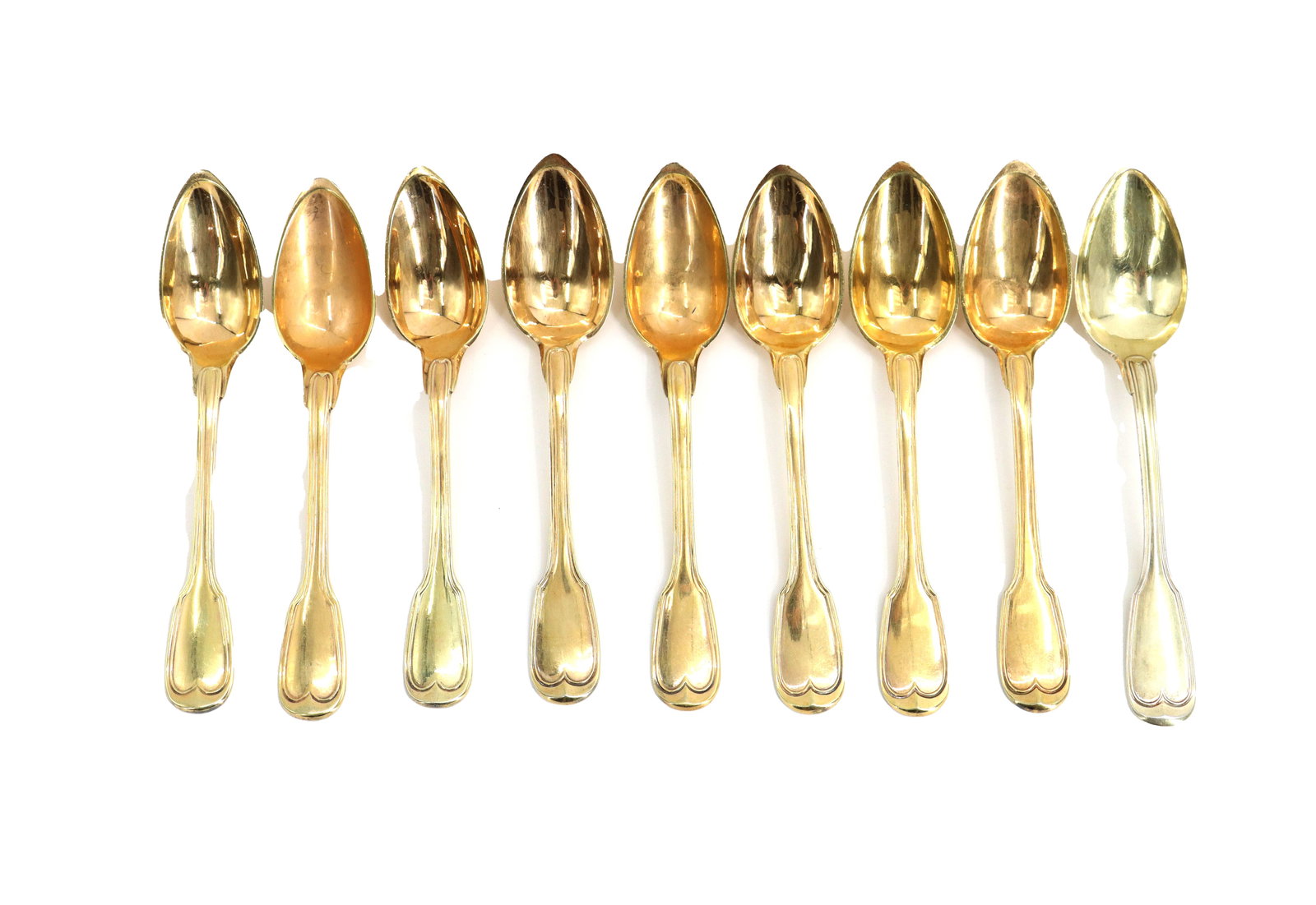 (9) French Empire Period Sterling Silver and Vermeil Coffee Spoons - 8.34 ozt.: (9) French Empire Period Sterling Silver and Vermeil Coffee Spoons - 8.34 ozt. In the fiddle-and-thread pattern, with one slightly longer than the others, likely from a later point in the Empire Perio