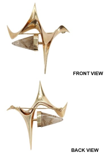 One Ronald Pearson 14k Gold & Topaz Brooch - Gross 25.6 g.: One Ronald Pearson 14k Gold & Topaz Brooch. Yellow gold. Triangle cut topaz. Marked on back. Size: 2 1/2 x 2 in. Gross Weight: 16.4 dwt. 25.6 g. 