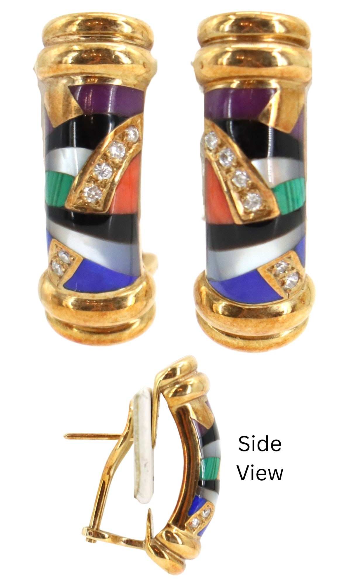 Pair of Asch Grossbardt 14k Gold, Diamond, and Gemstone Hoop Earrings - Gross 13.1 g.: Pair of Asch Grossbardt 14k Gold, Diamond, and Gemstone Hoop Earrings. Marked on back. Multiple multi-colored inlaid gemstones. Yellow gold. The curved, tubular design is accented by two diagonal