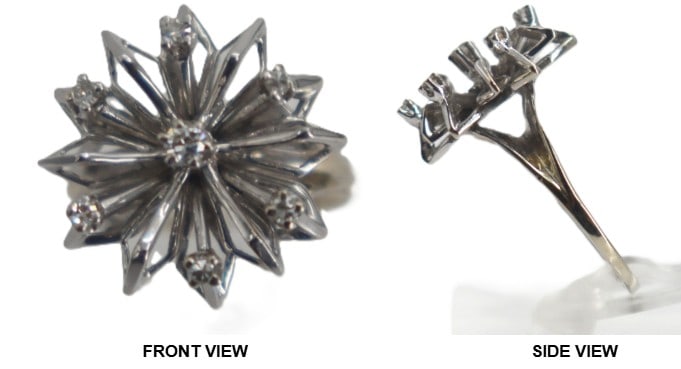 One Tested 14k Gold and Diamond Ring - Gross 5.2 g.: One Tested 14k Gold and Diamond Ring. Band is yellow gold; rest is white gold. Small round cut diamonds. Flower design. Ring Size: 6 Gross Weight: 3.3 dwt. 5.2 g. 