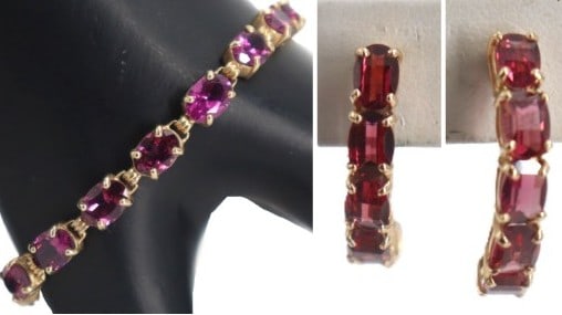 One Marked 14k Gold and Tourmaline Bracelet and One Pair of Earrings - Gross 14.2 g.: One Marked 14k Gold and Tourmaline Bracelet and One Pair of Earrings. Yellow gold. Prong setting. Oval cut tourmaline. Marked on clasp. Earrings for pierced ears. Length: 7 1/4 in. Gross W