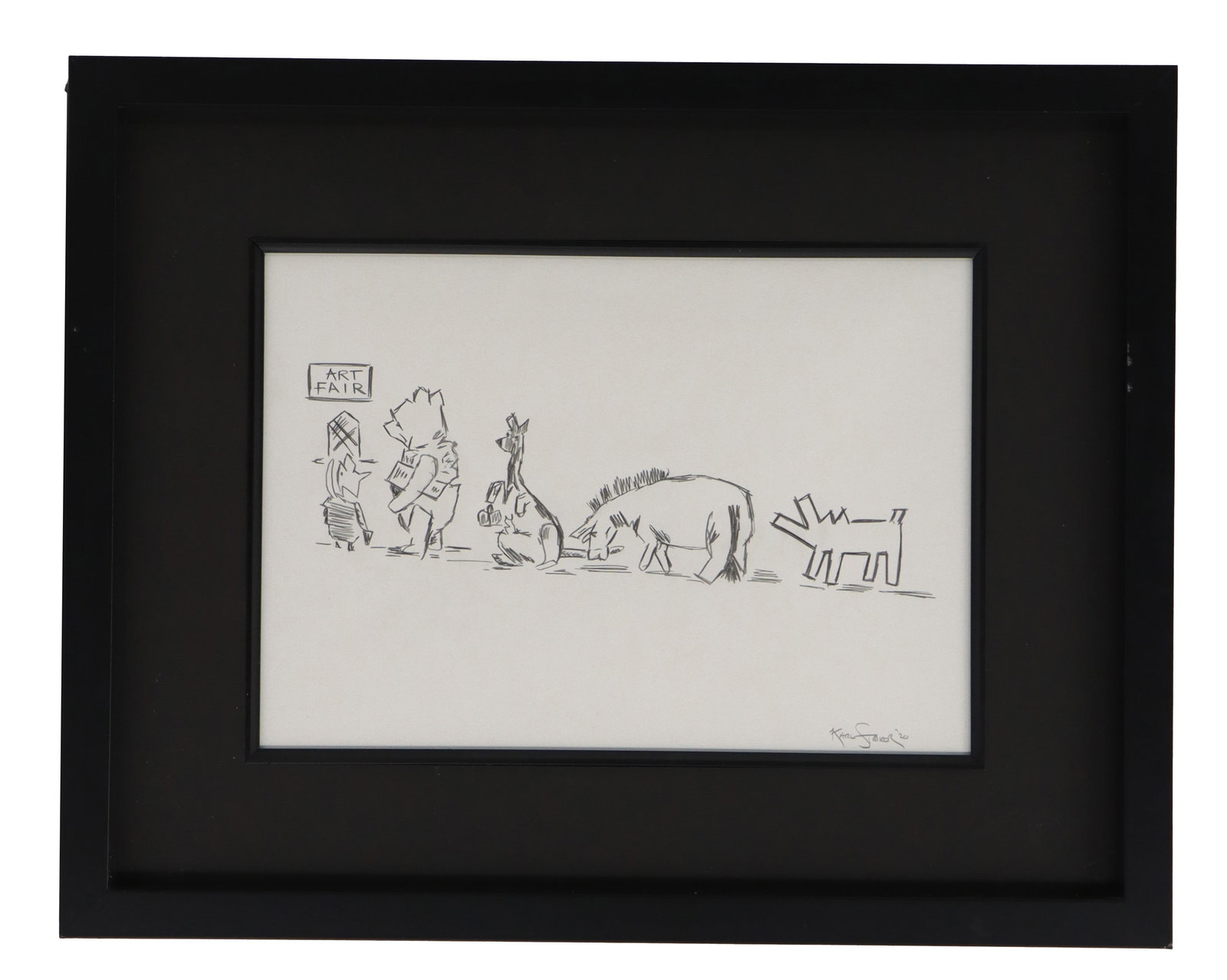 Karl Striker (Born 1978) British, Mixed Media on Paper "Art Fair": Karl Striker (Born 1978) British, Mixed Media on Paper "Art Fair". A unique composition featuring characters from Winnie the Pooh lining up to submit for an art fair. Signed lower right. Fra