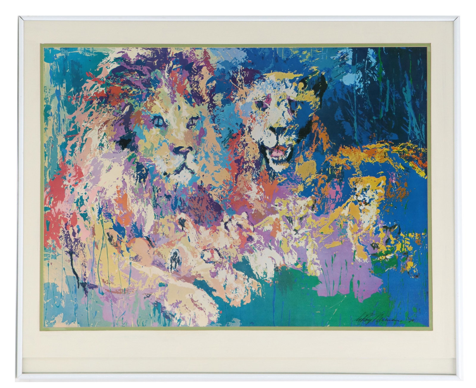 LeRoy Neiman (1921-2012) American, Lithograph: LeRoy Neiman (1921-2012) American, Lithograph. Title: "Lion's Pride." Depicts a lion, lioness, and four cubs together in his signature psychedelic style. Signature and date of '71 bo