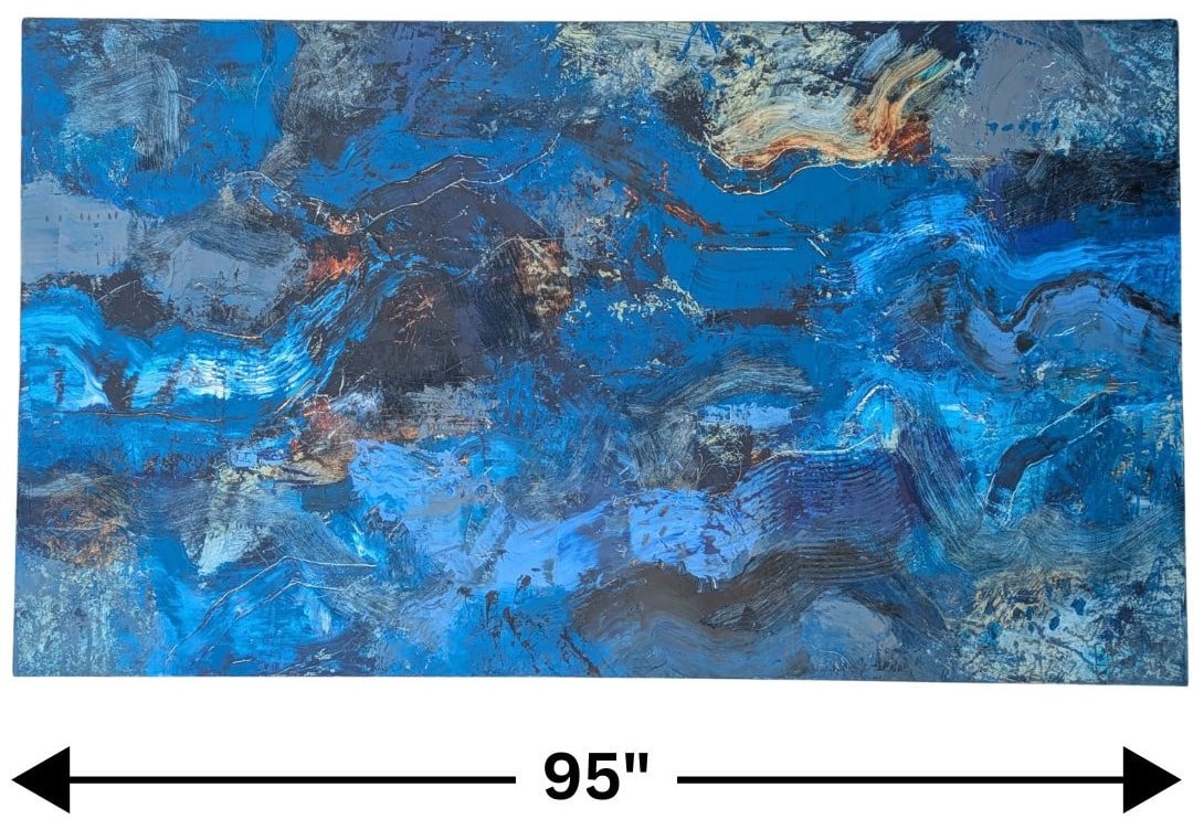 Gaston Carrio (Born 1975) American, Monumental Oil on Canvas Abstract Expressionist: Gaston Carrio (Born 1975) American, Monumental Oil on Canvas Abstract Expressionist. A dynamic, horizontal composition of expressive blue and black brushstrokes layered with earthy highligh