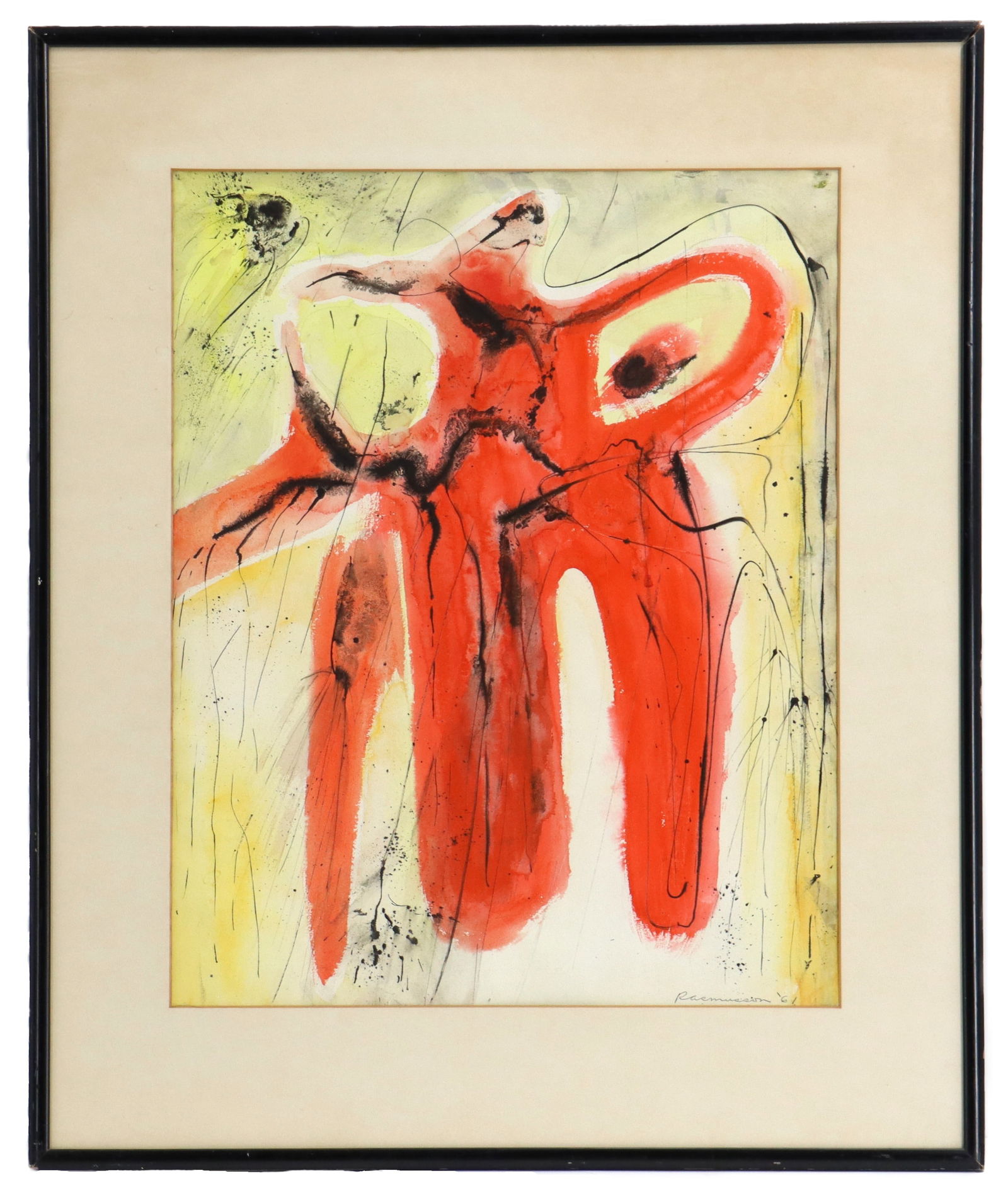 Jennifer Rasmusson (20th Century) American, Mixed Media Abstract: Jennifer Rasmusson (20th Century) American, Mixed Media Abstract. Abstract mixed-media painting featuring bold, organic red forms and black ink splatters against a yellow and white background. Signed