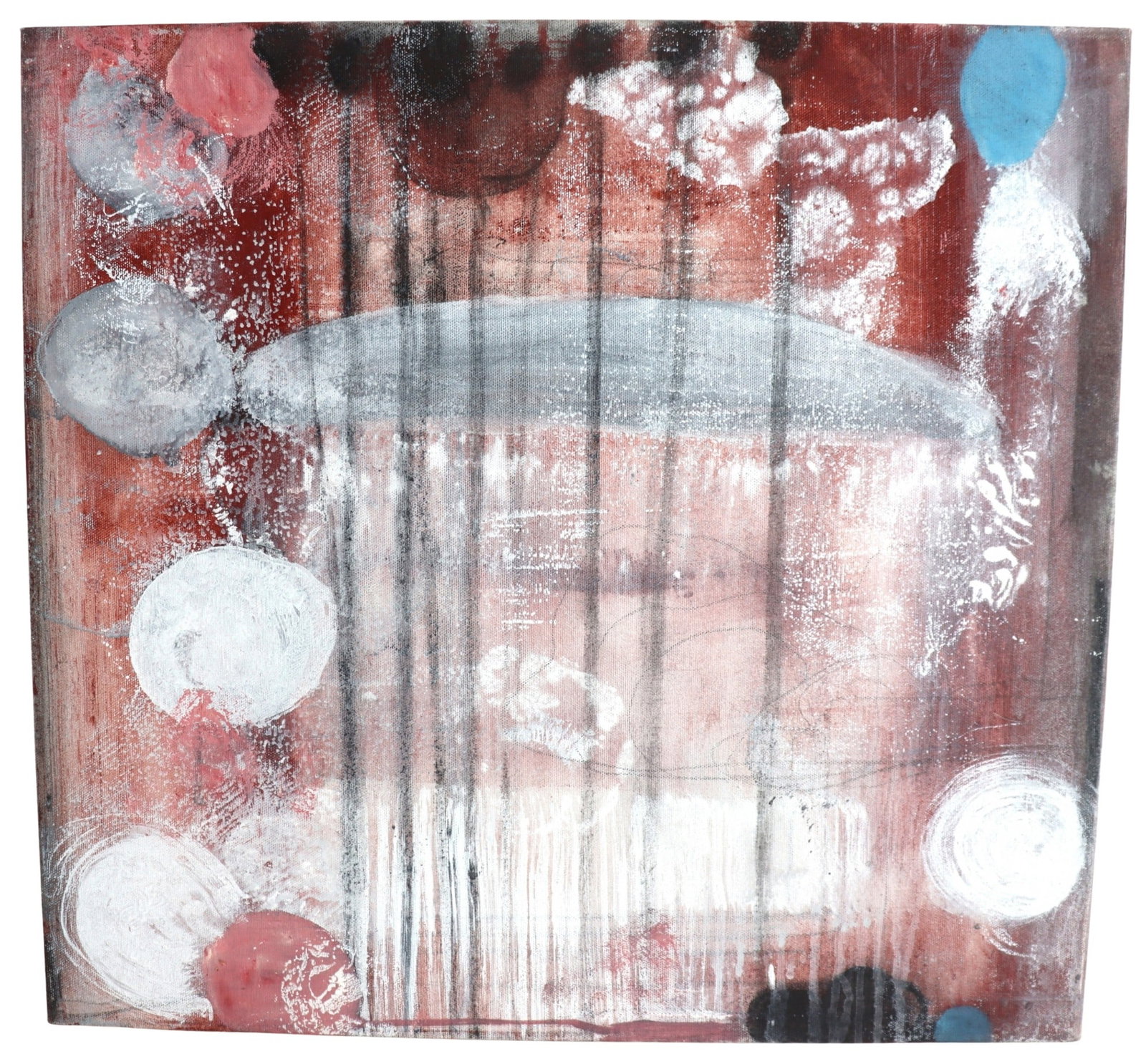 Tom Savage (1953-2018) American, Abstract Mixed Media on Canvas: Tom Savage (1953-2018) American, Abstract Mixed Media on Canvas. Red, blue, white, black, and grey image made of acrylic, charcoal, and pencil. Untitled. Signed and dated 2007 on back, along with an a