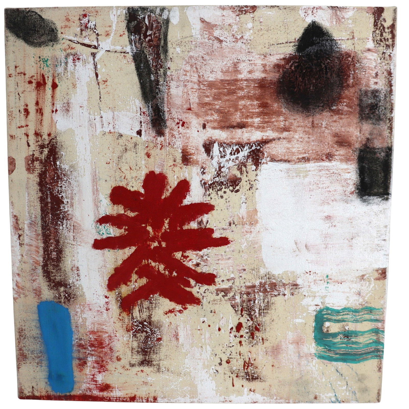 Tom Savage (1953-2018) American, Abstract Mixed Media on Canvas: Tom Savage (1953-2018) American, Abstract Mixed Media on Canvas. Red, blue, white, black, and grey image made of acrylic, charcoal, and pencil. Untitled. Signed and dated 2007 on back, along with an a